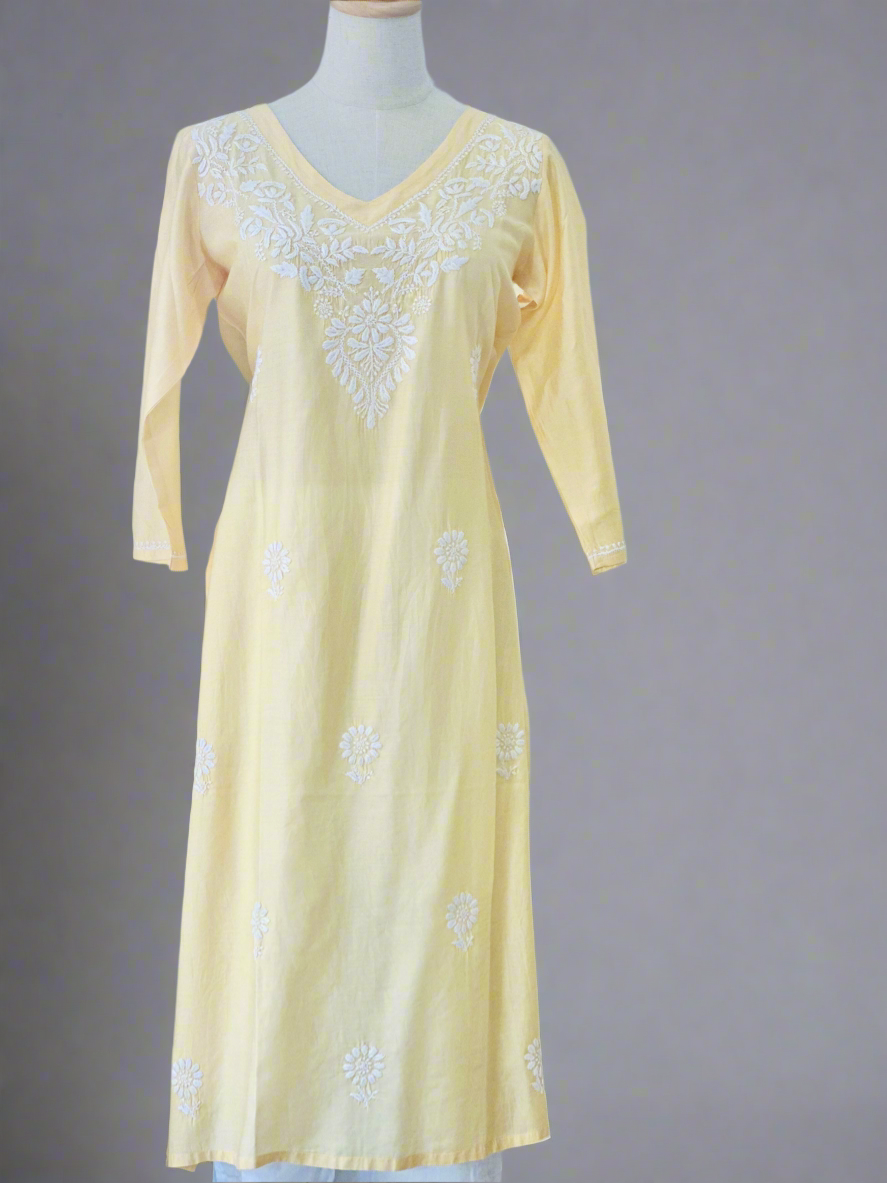 Chikankari Long Kurta In Silk - Pastel Yellow