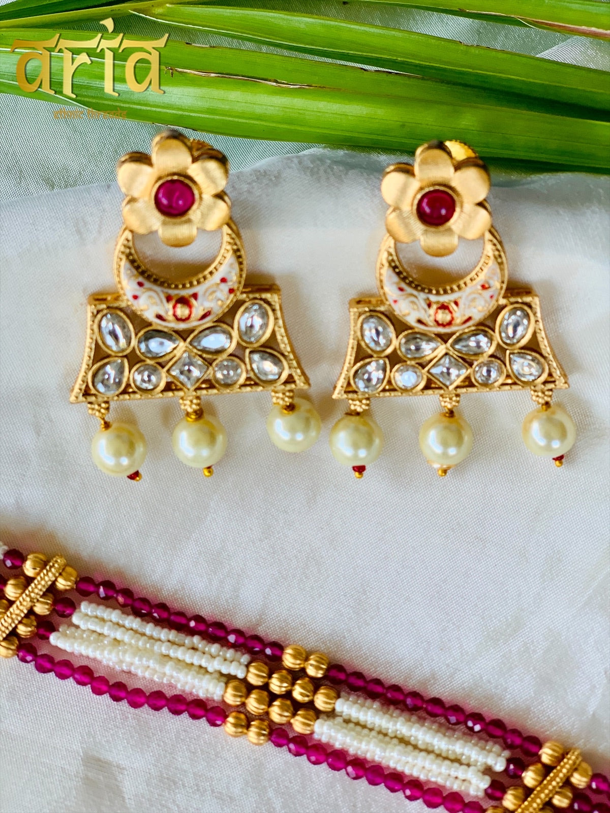 Temple Long Necklace Meenakari Kundan Set- Ruby & White Stones