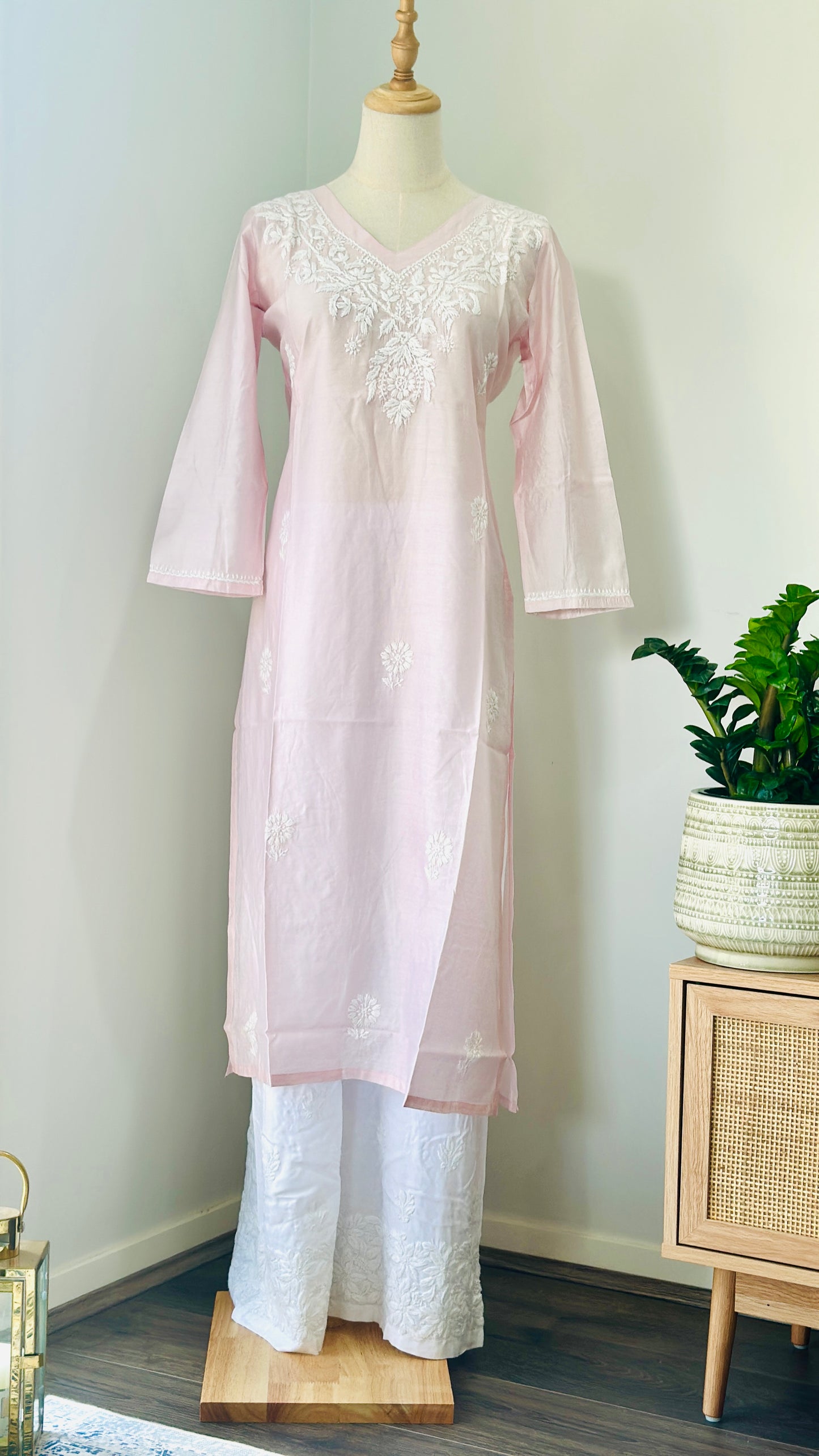 Chikankari Long Kurta In Silk - Pastel Pink