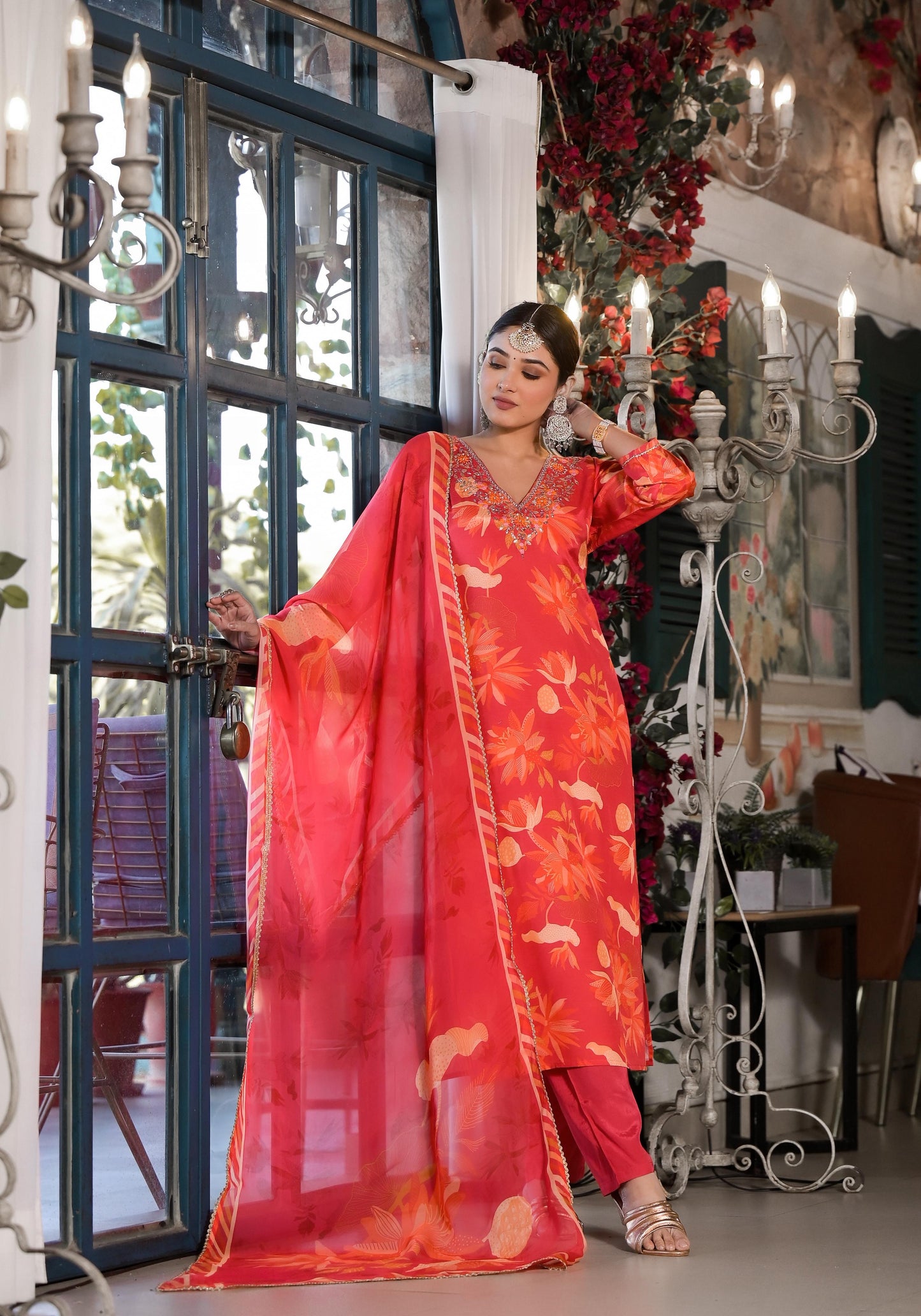 Orange Printed Silk Salwar Set with Zardosi , and Three-Quarter Sleeves