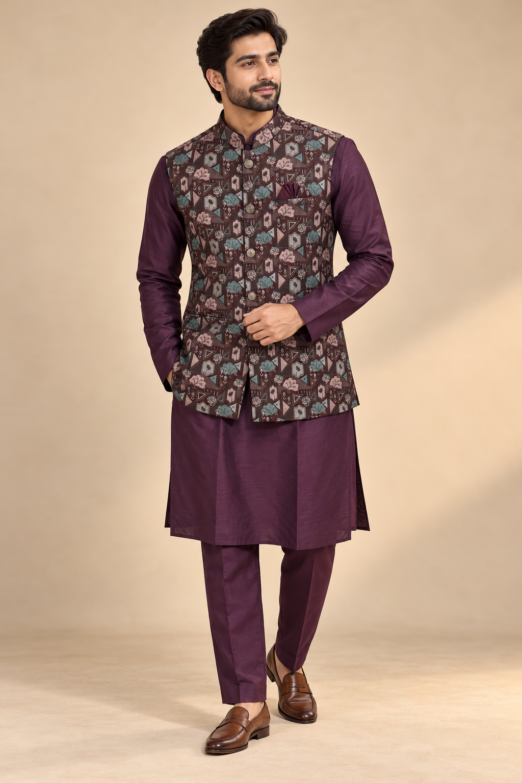 Plum Kurta with Printed Jacket Set