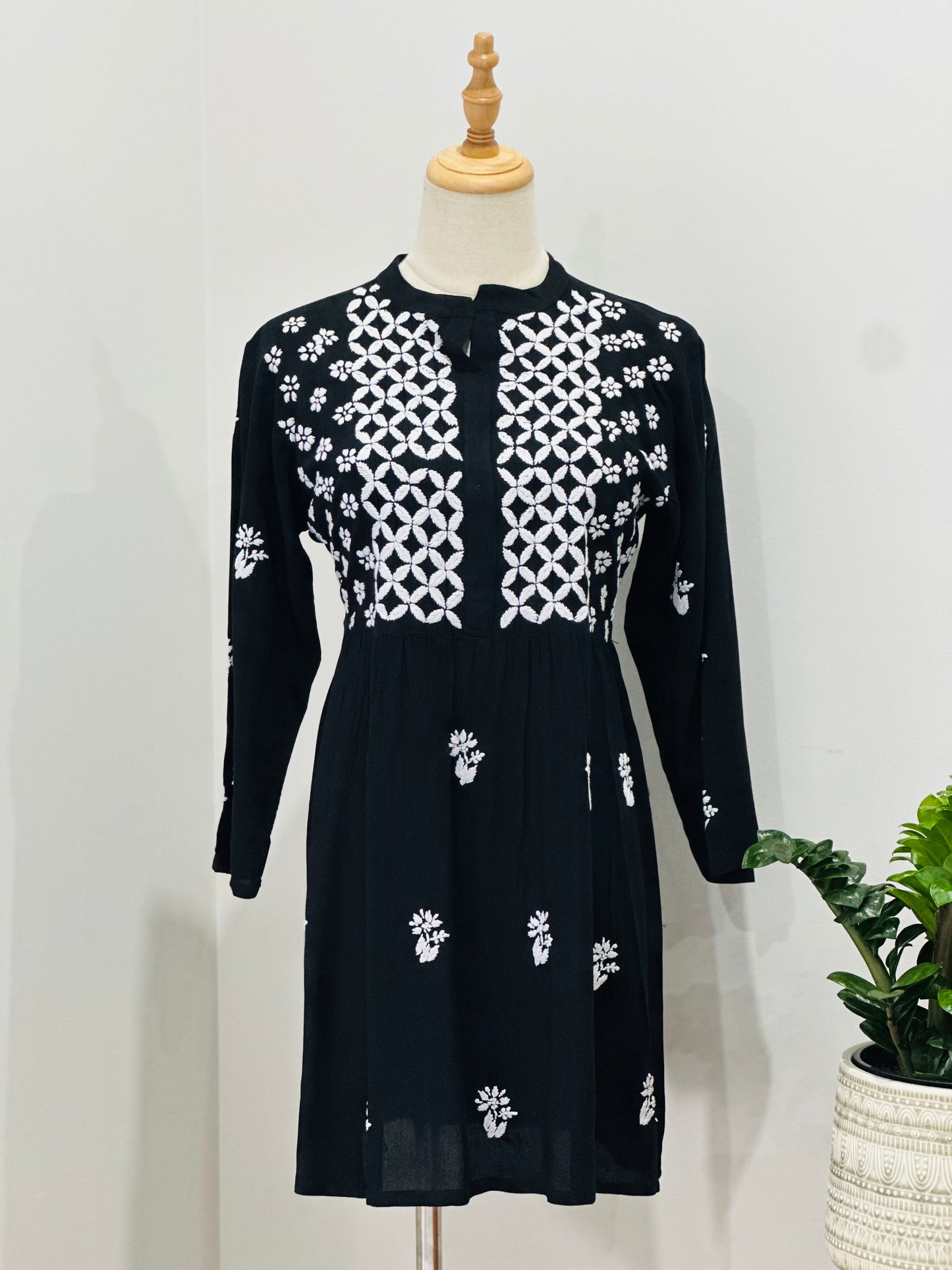 Lucknowi Chikankari Cotton Women's Flared Short Kurta - Black