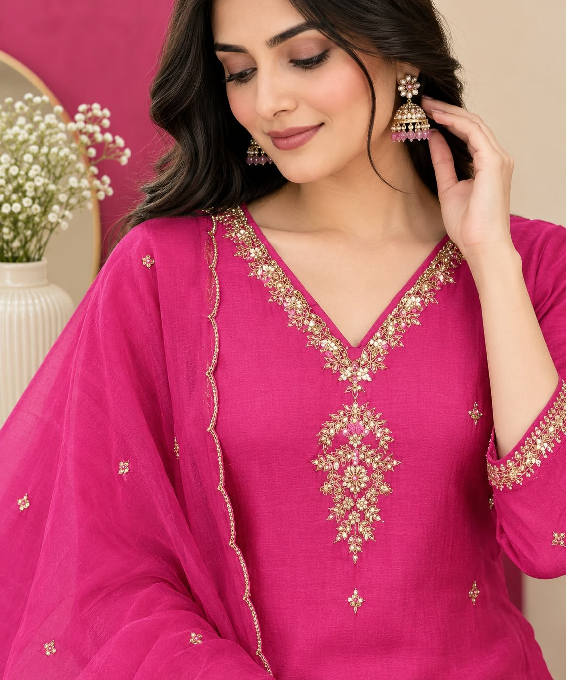 Hot Pink Embroidered / Embellished Suit Set