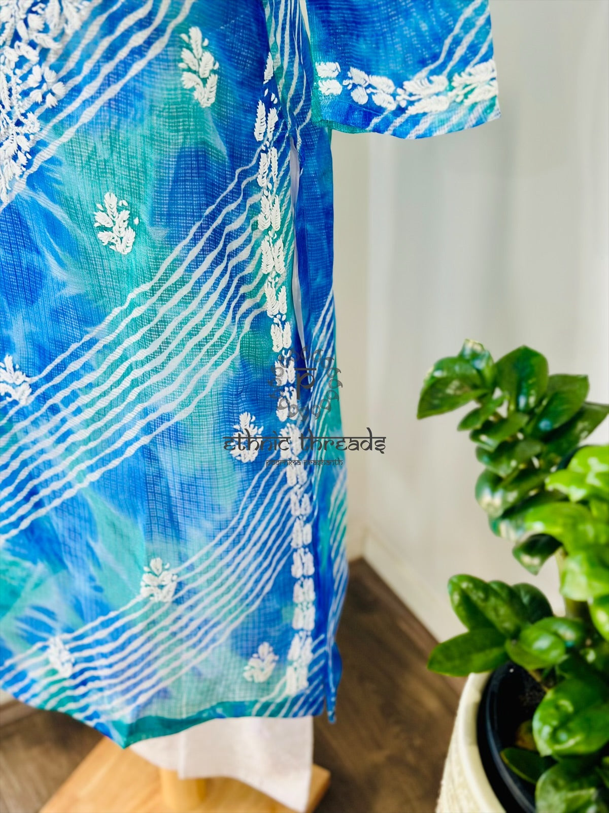Chikankari Long Kurta In Kota - Blue