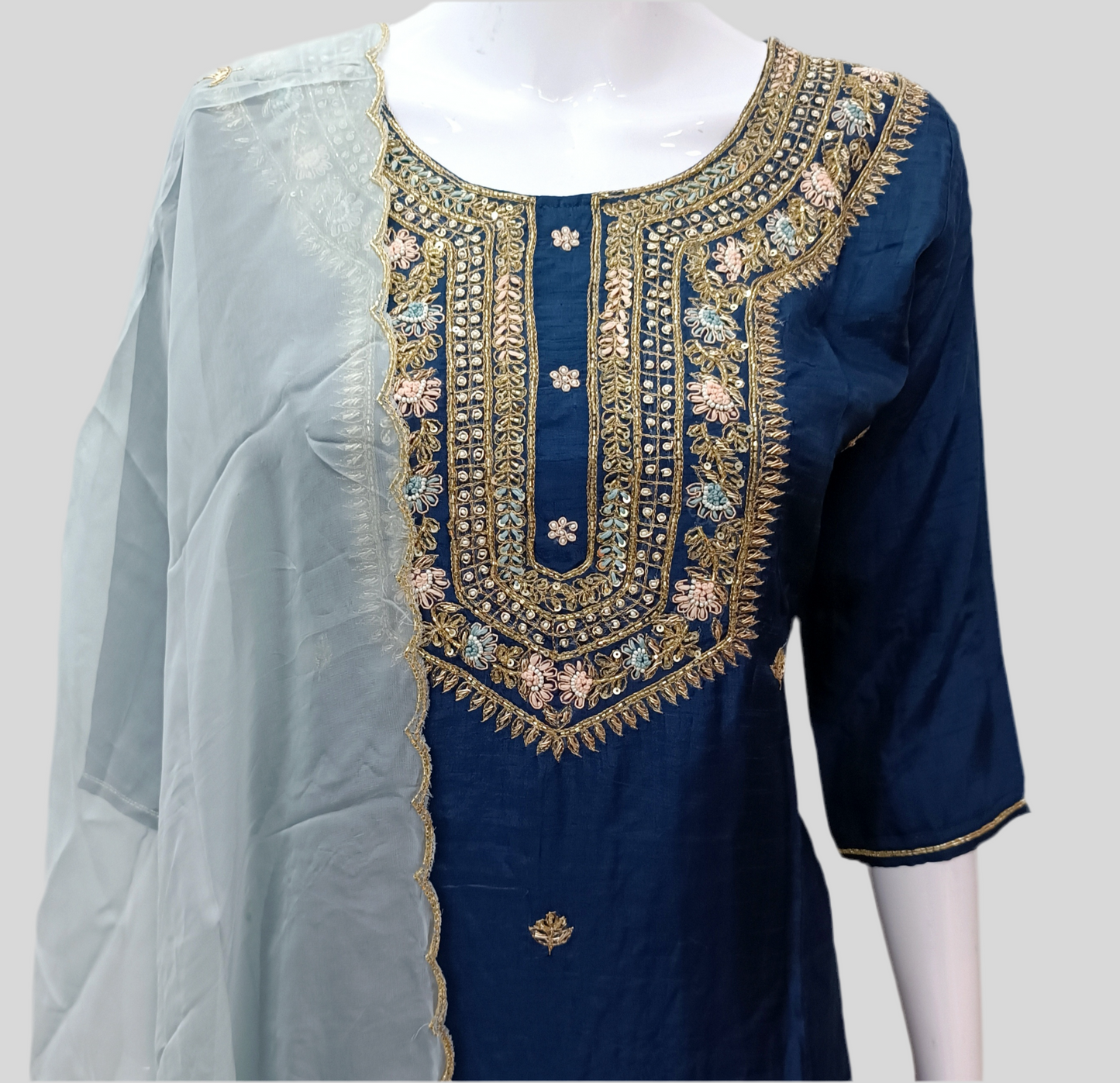 Navy Blue Silk Salwar Set with Zardosi , and Three-Quarter Sleeves