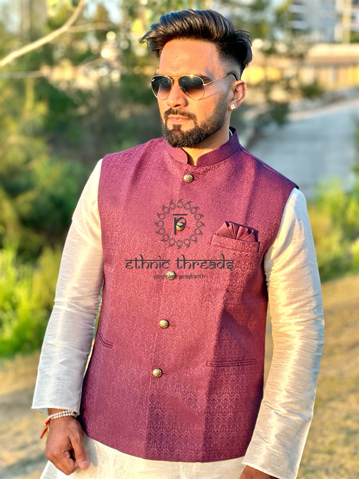 Purple Jacquard Ethnic Nehru Jacket