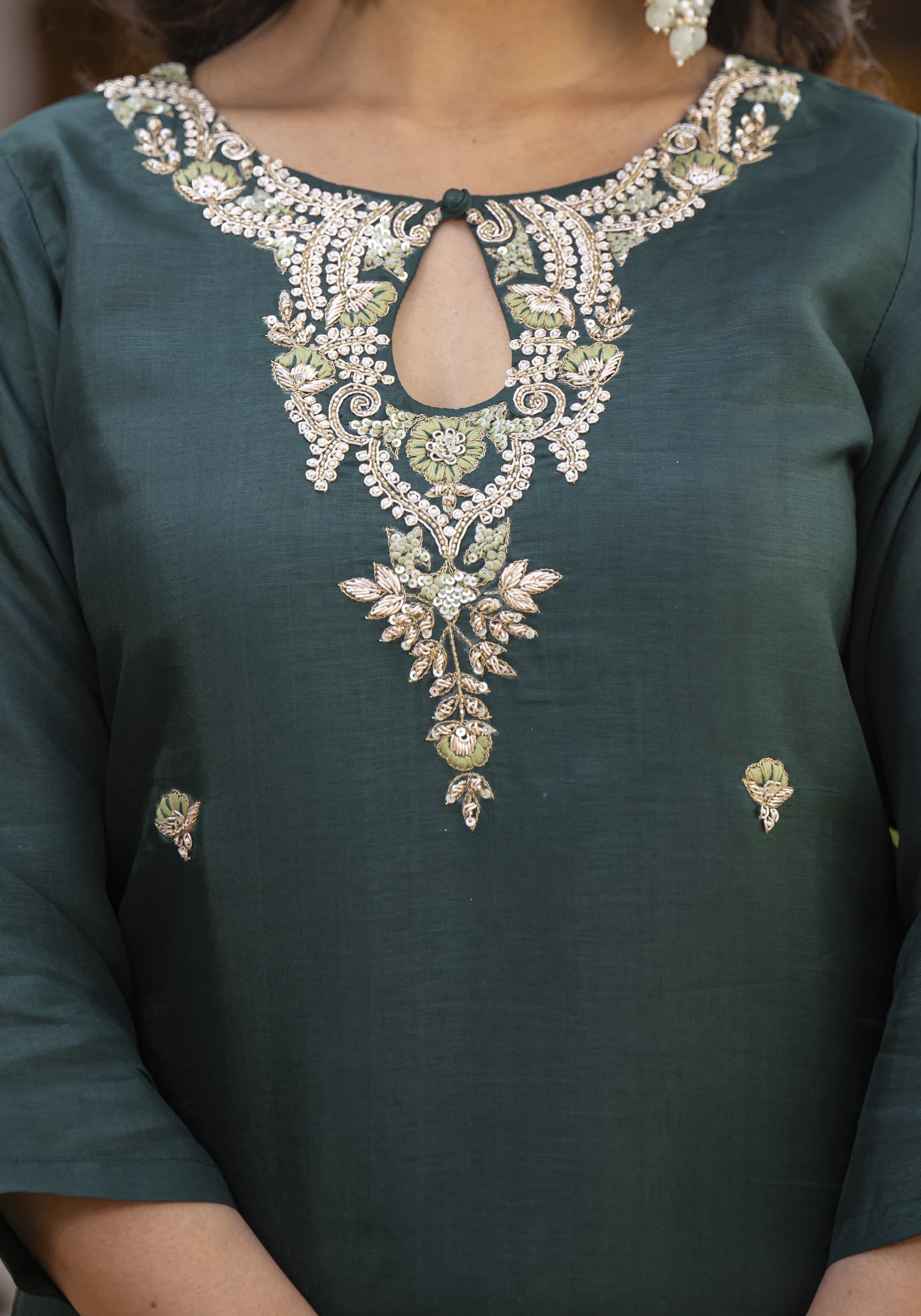 Bottle Green Gharara Set with Zardosi , and Three-Quarter Sleeves