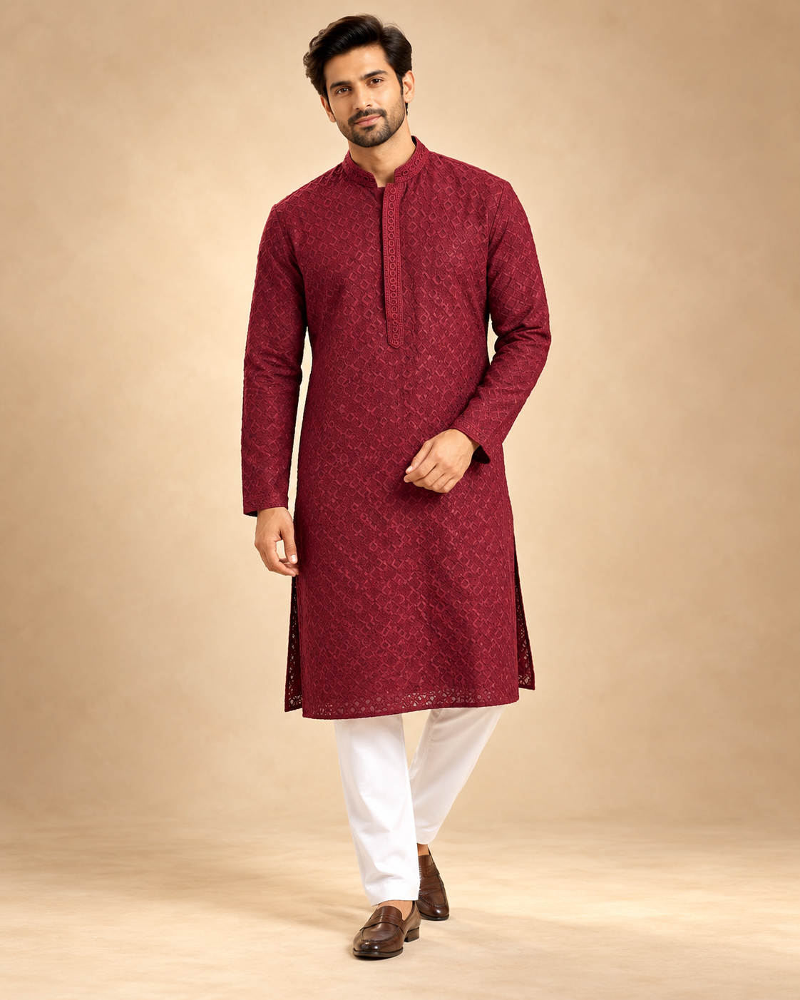 Maroon Cotton Chikankari Men’s Kurta & Pyjama Set