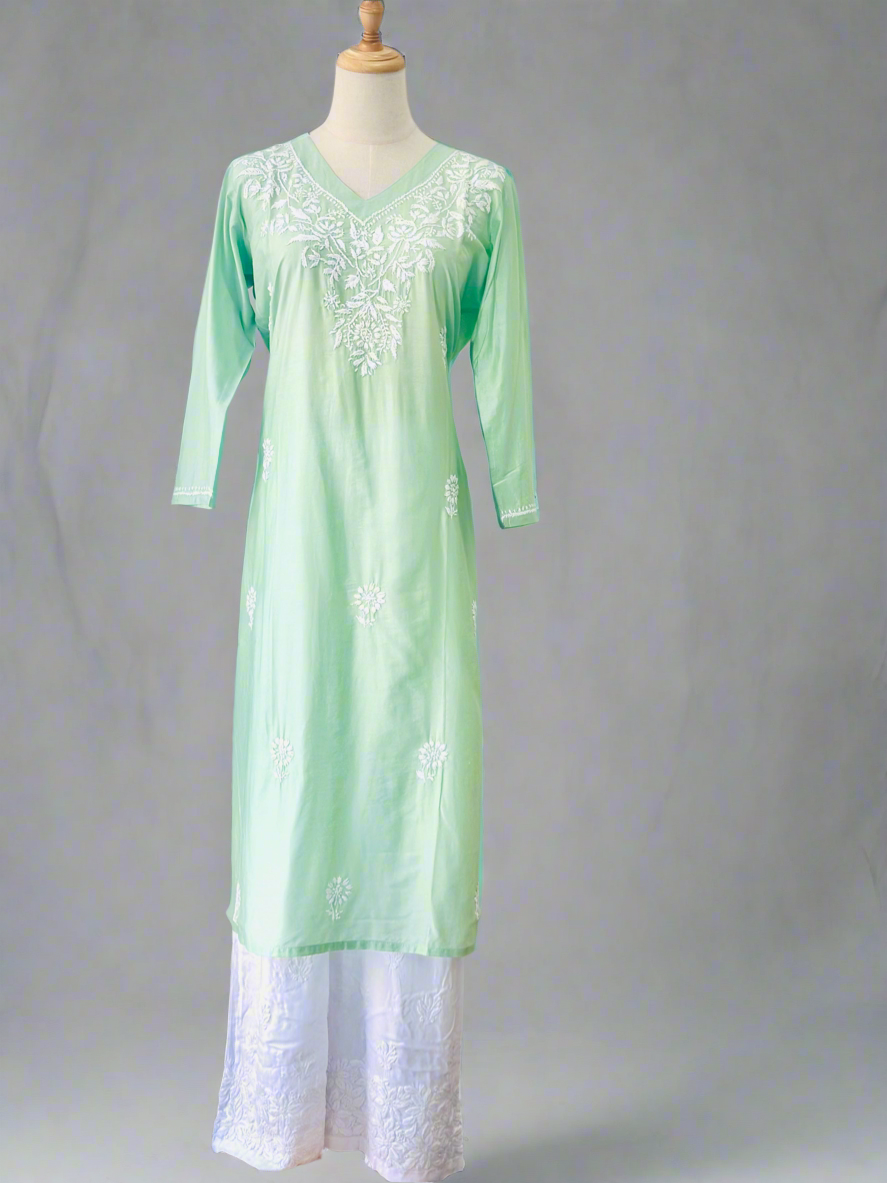 Chikankari Long Kurta In Silk - Pastel Green