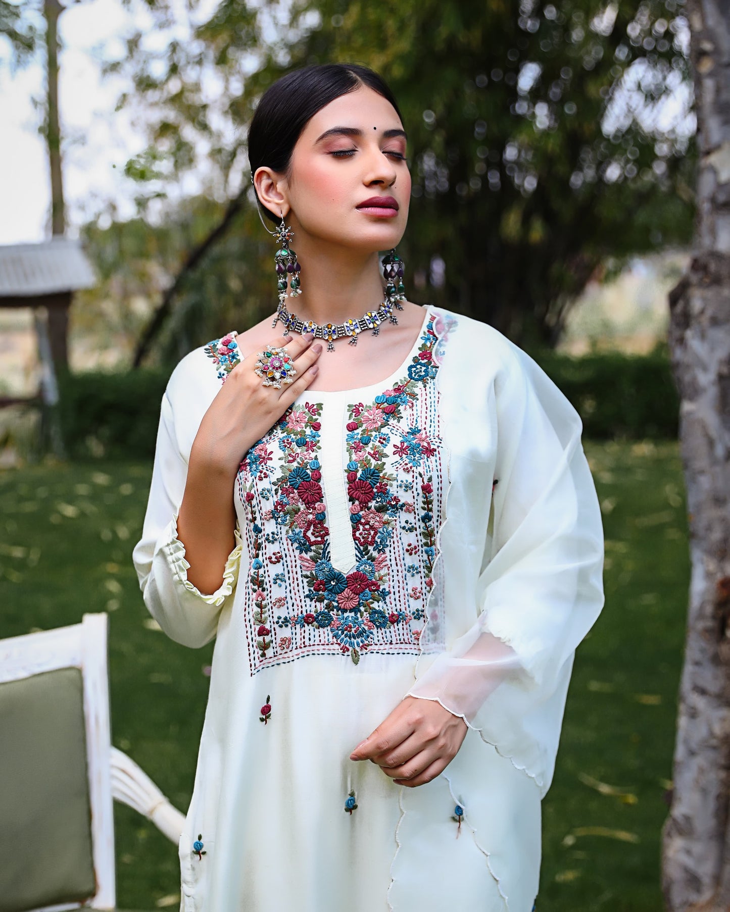 Cream Silk Salwar Set with Hand Embroidery on Neck Line , and Three-Quarter Sleeves