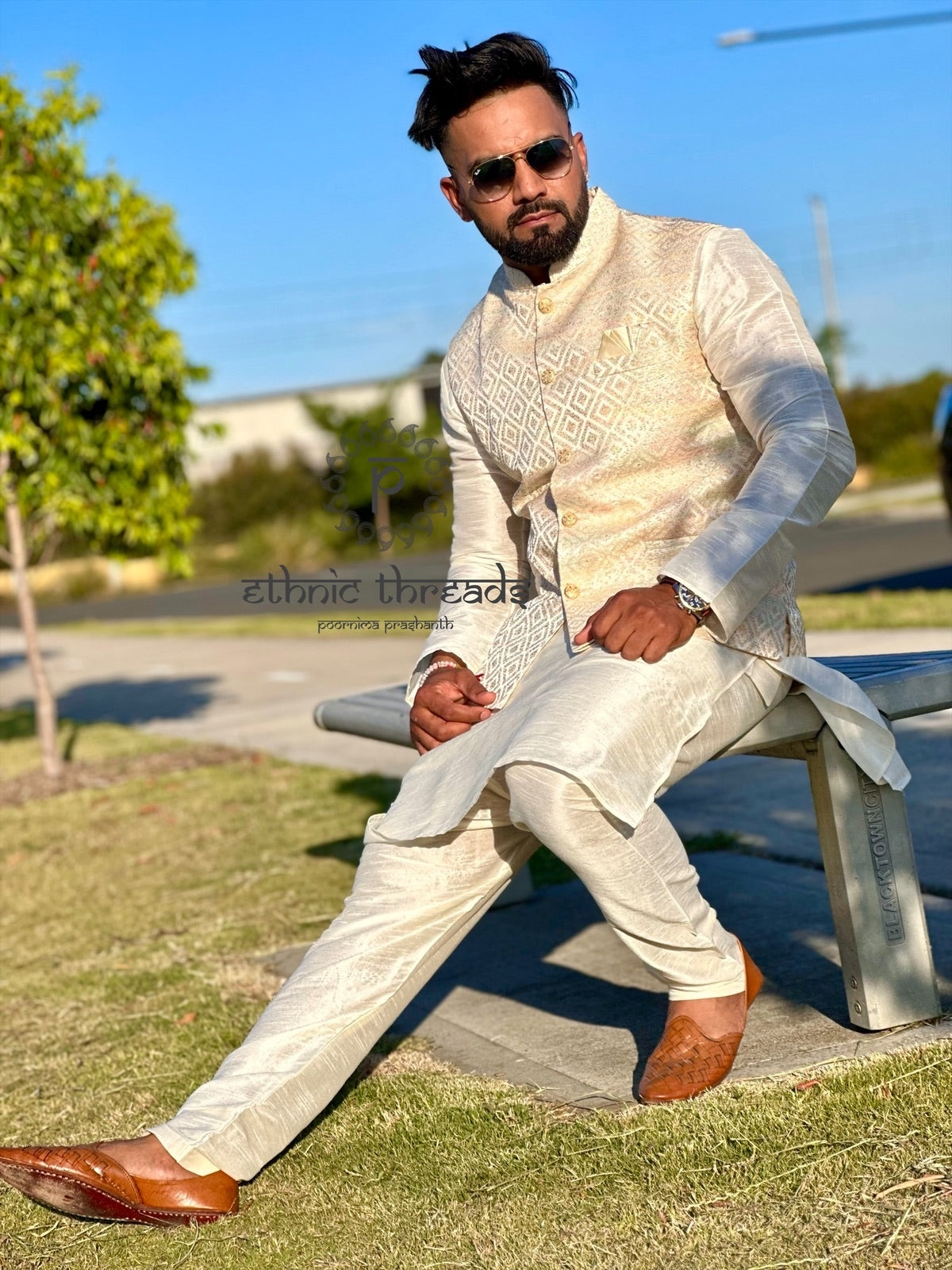 Raw Silk Mens Long Kurta with Jacquard Jacket