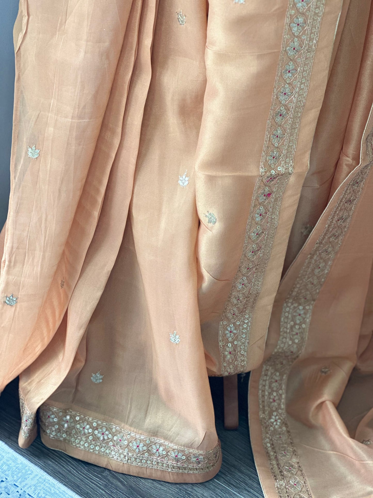 Peach Glossy Soft Tissue Saree And Blouse