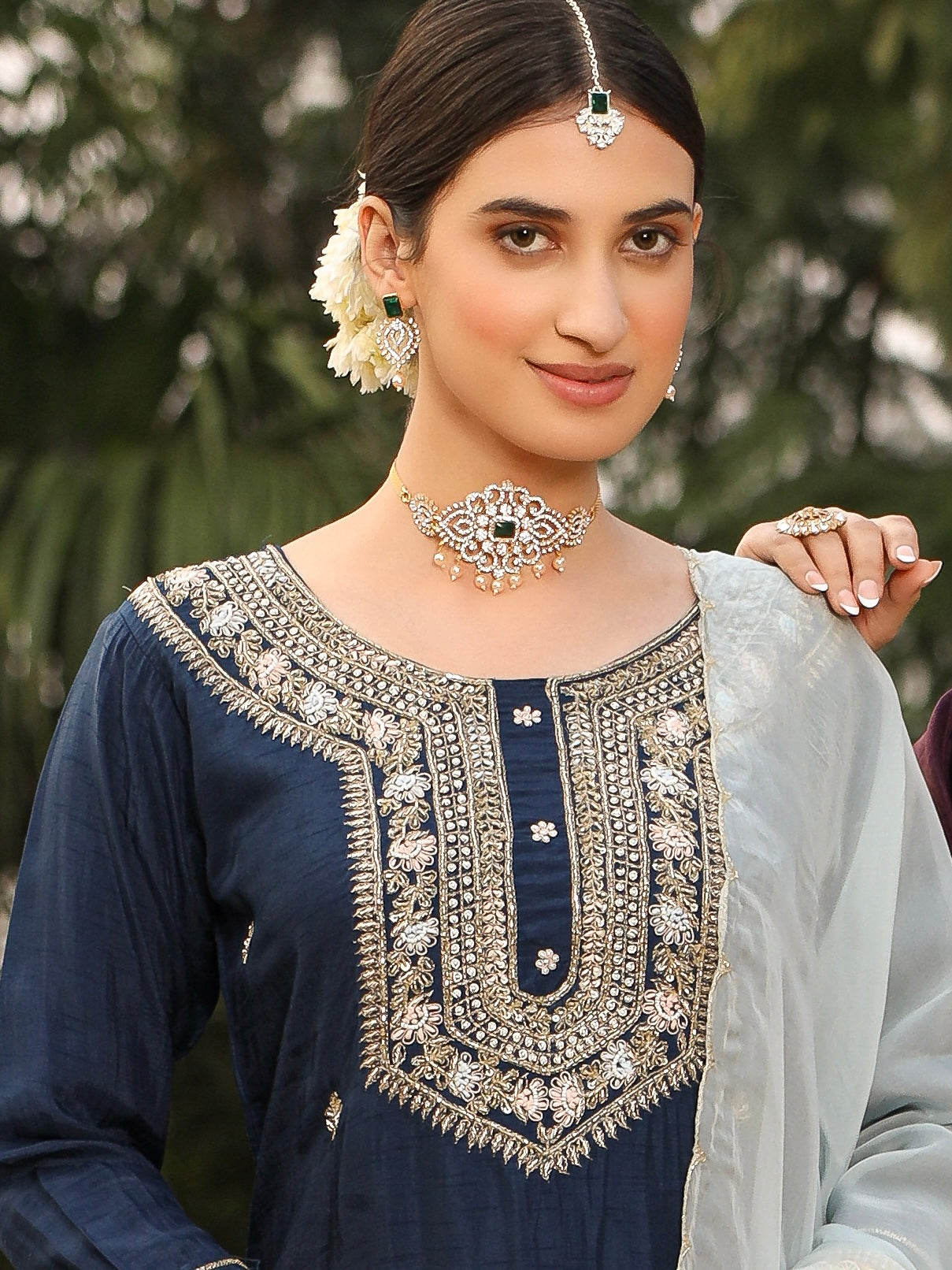 Navy Blue Silk Salwar Set with Zardosi , and Three-Quarter Sleeves