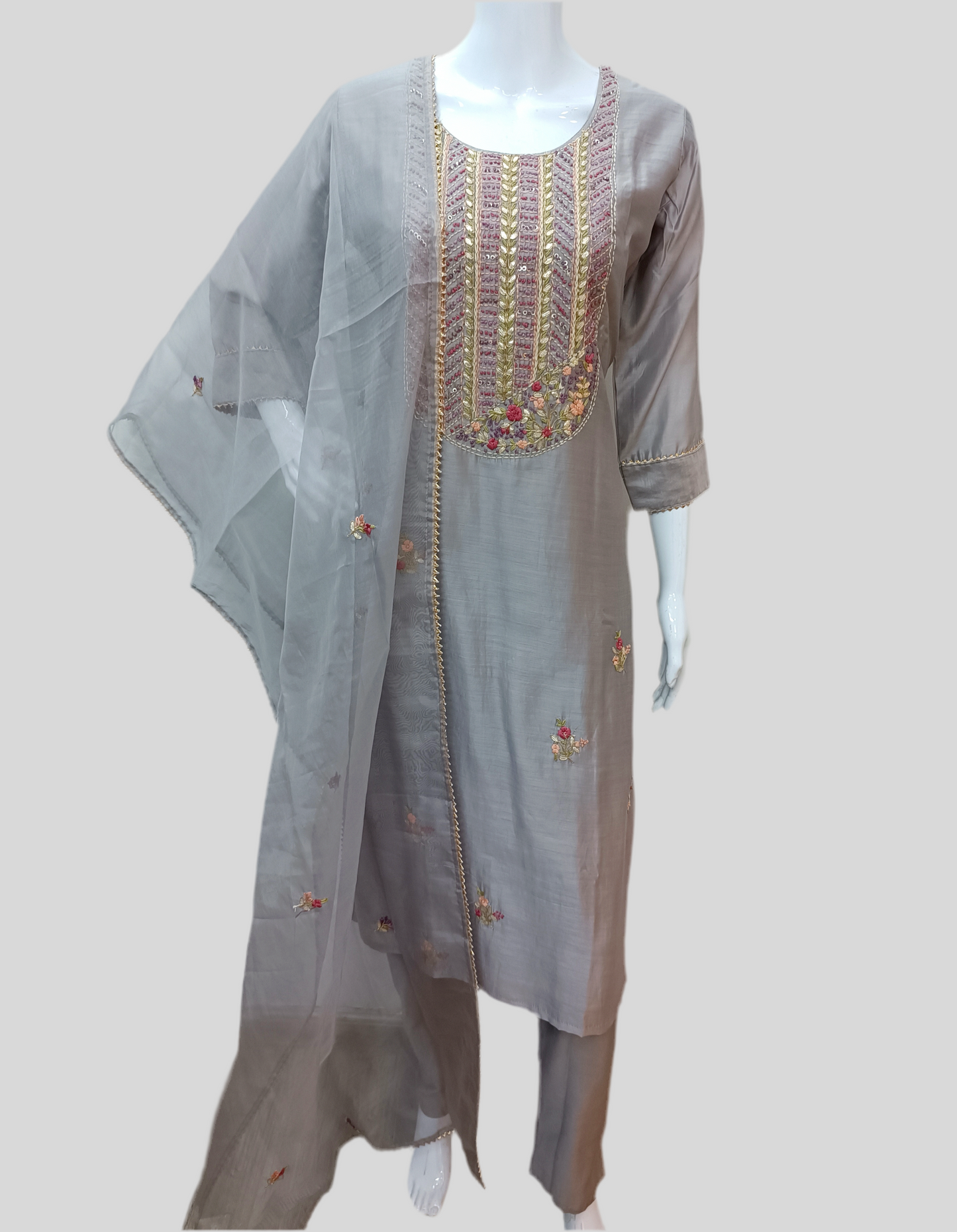 Pastel Grey Salwar Set with Hand Embroidery