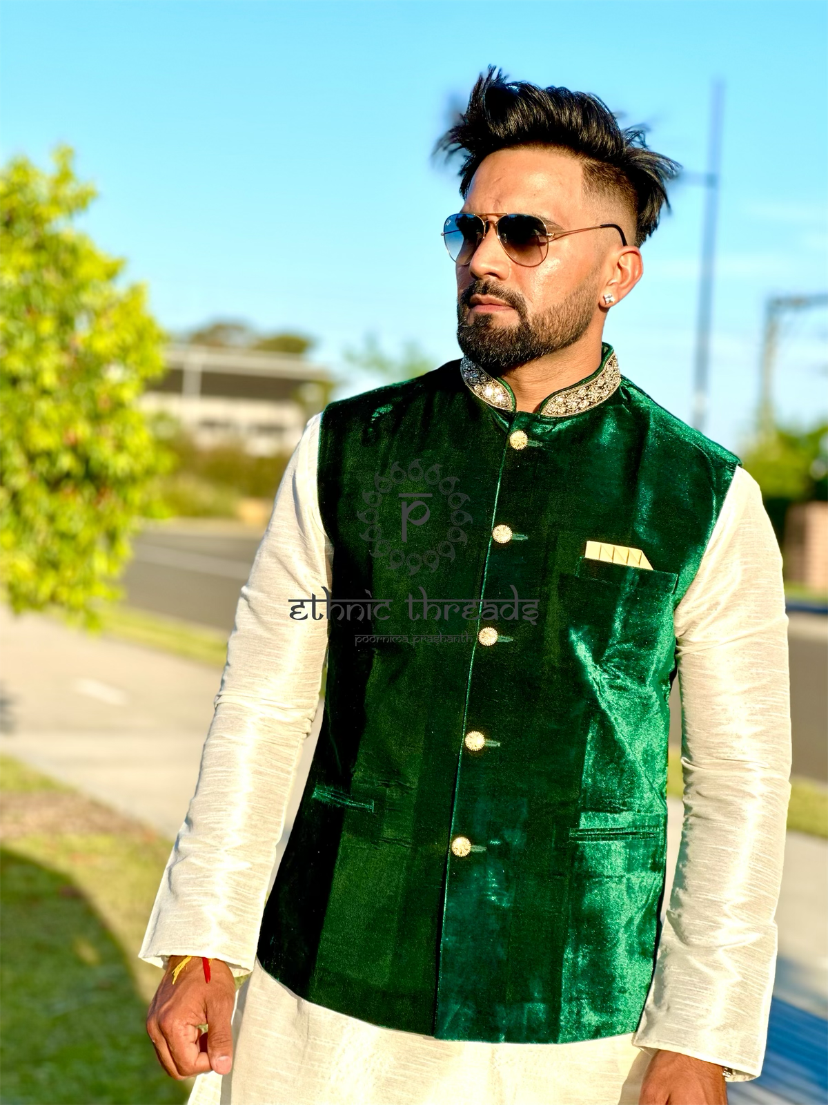Green Velvet Jacket with Zari and Sequins Work