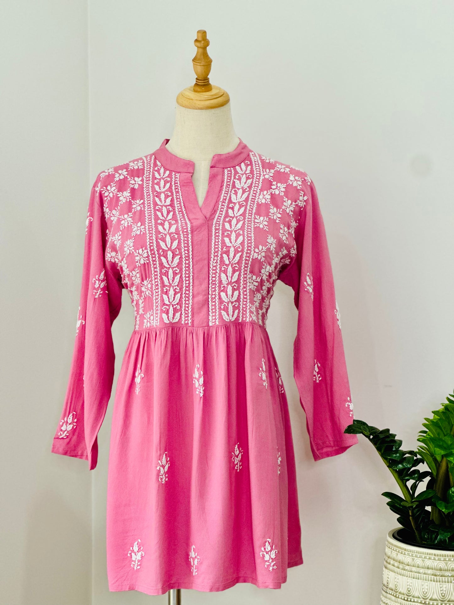 Lucknowi Chikankari Cotton Women's Flared Short Kurta - Pink
