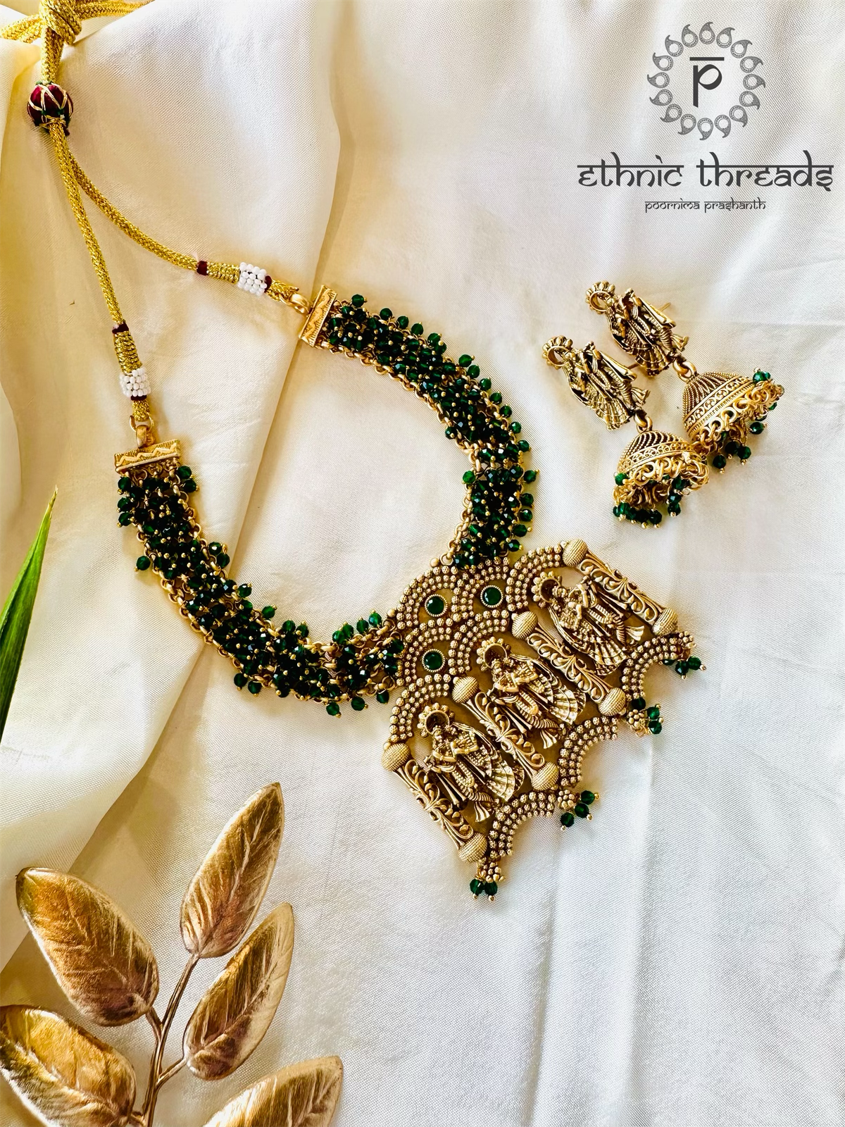 Radha & Krishna Antique Temple Necklace set - Emerald Green