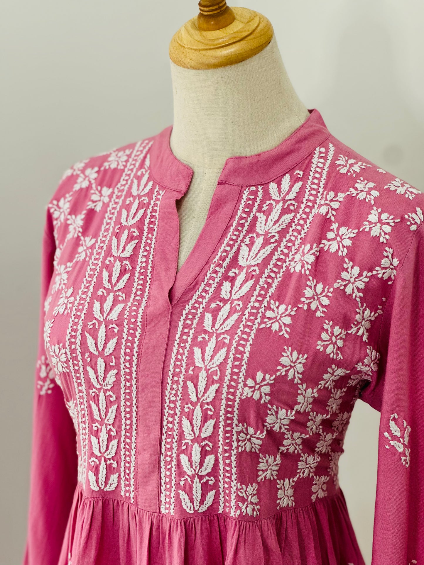 Lucknowi Chikankari Cotton Women's Flared Short Kurta - Pink
