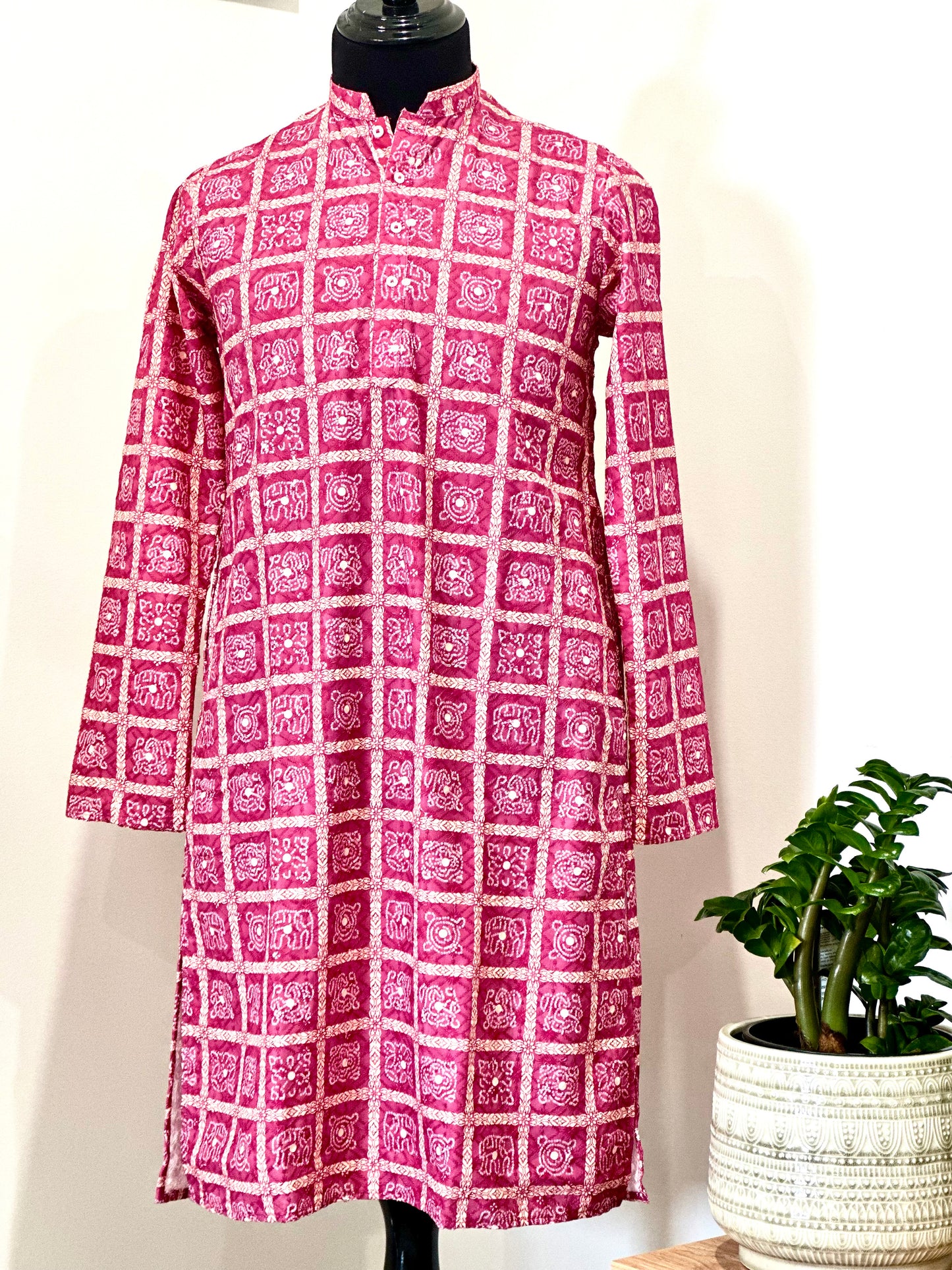 Printed Cotton Mens Long Kurta- Magenta