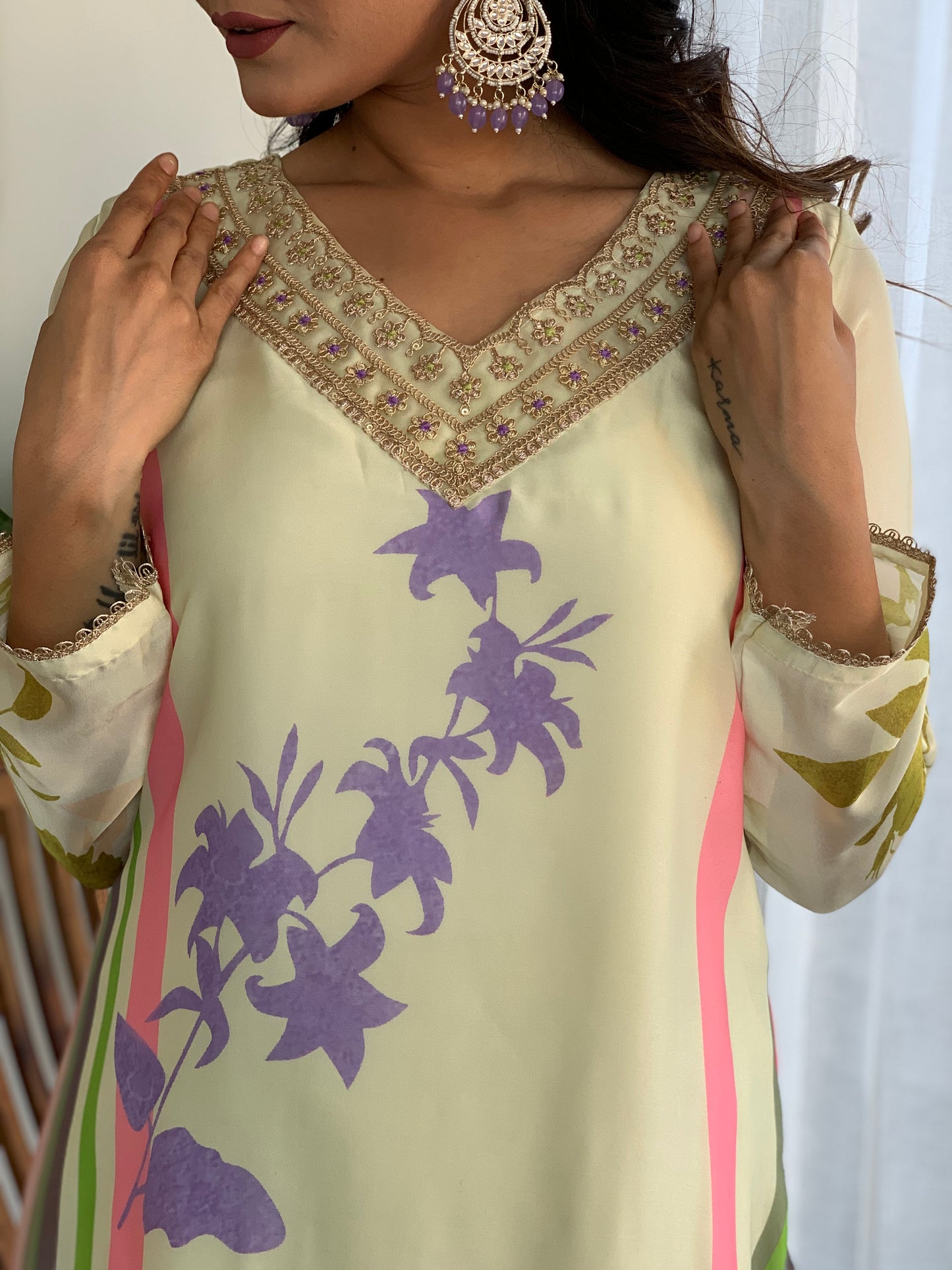 Pastel Green Printed Silk Salwar Set with Embroidery , and Three-Quarter Sleeves