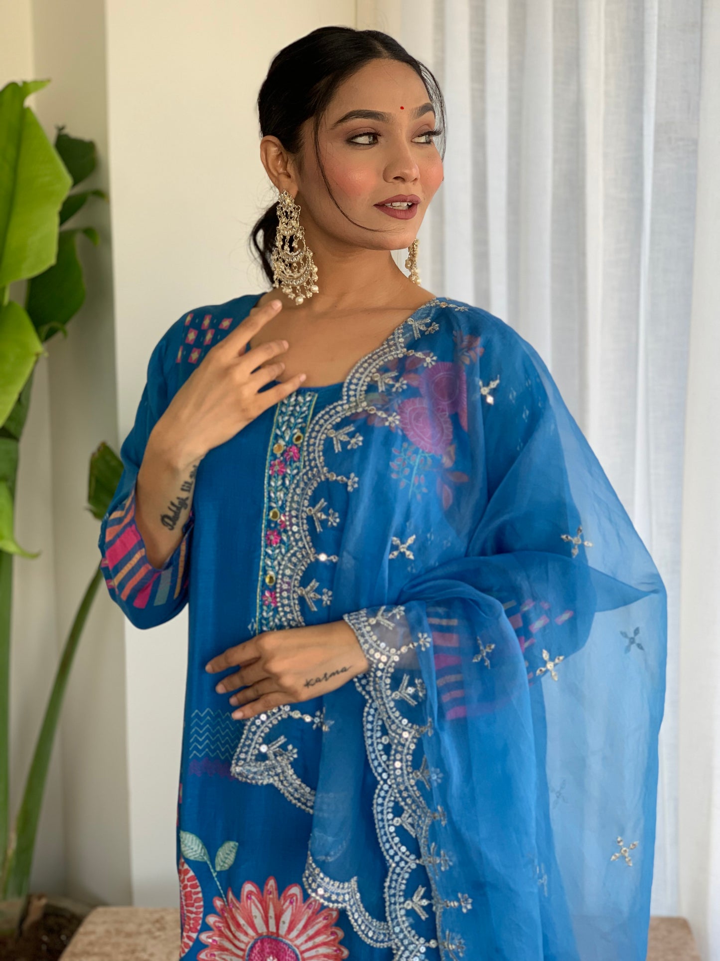 Blue Printed Silk Salwar Set with Zardosi , U-Neck, and Three-Quarter Sleeves