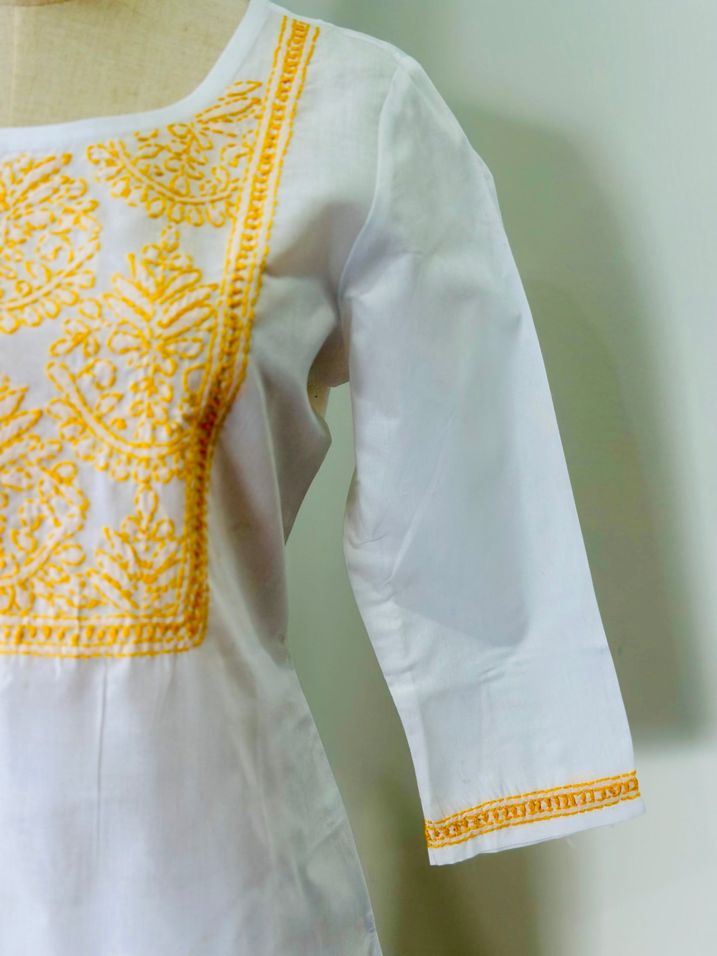 Chikankari Long Kurta In Cotton - White/ Yellow