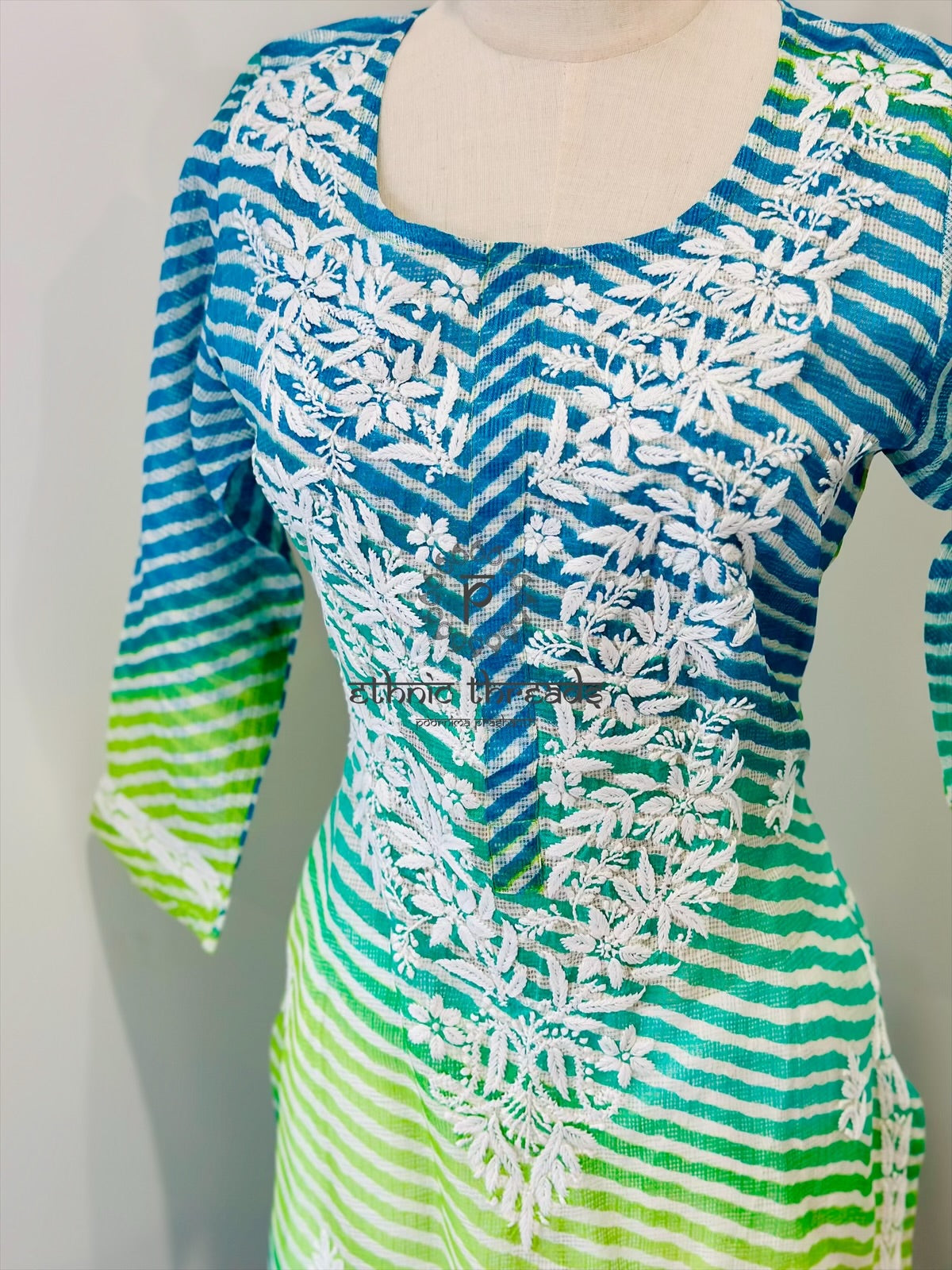 Chikankari Long Kurta In Kota - Green