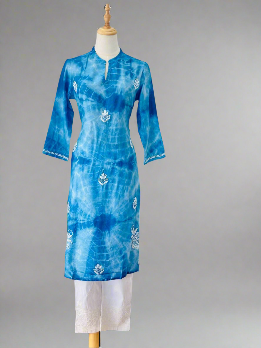 Chikankari Long Kurta In Tie-Dyed - Blue