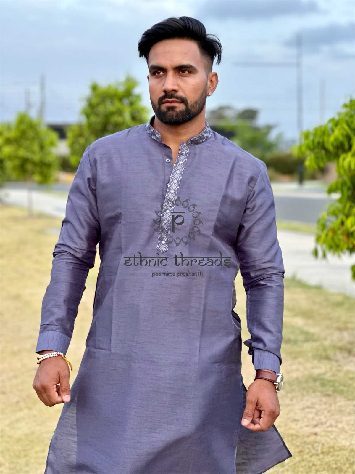 Raw Silk Mens Long Kurta with Embroidery Jacket