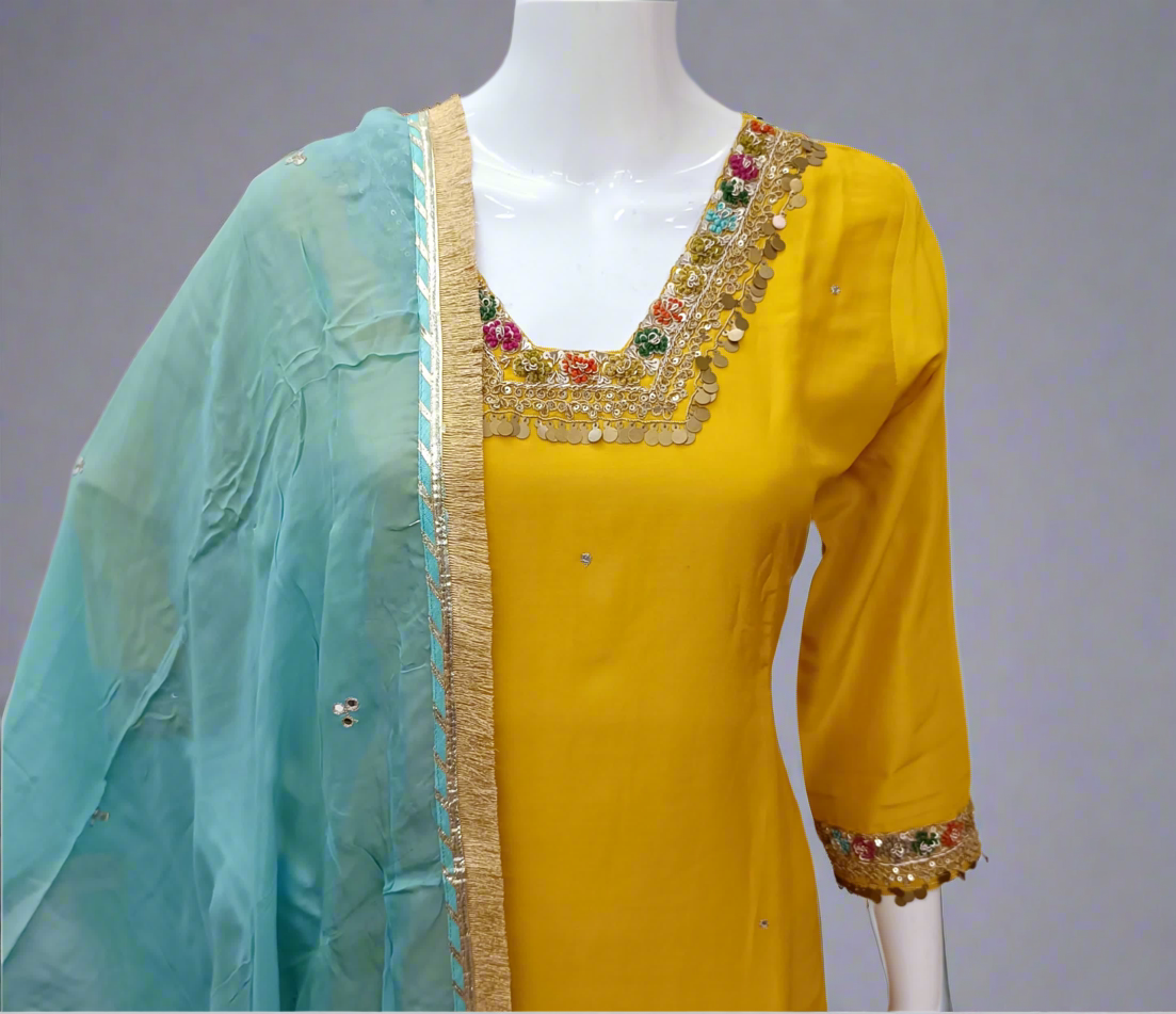 Mustard Silk Salwar Set with Zardosi , and Three-Quarter Sleeves