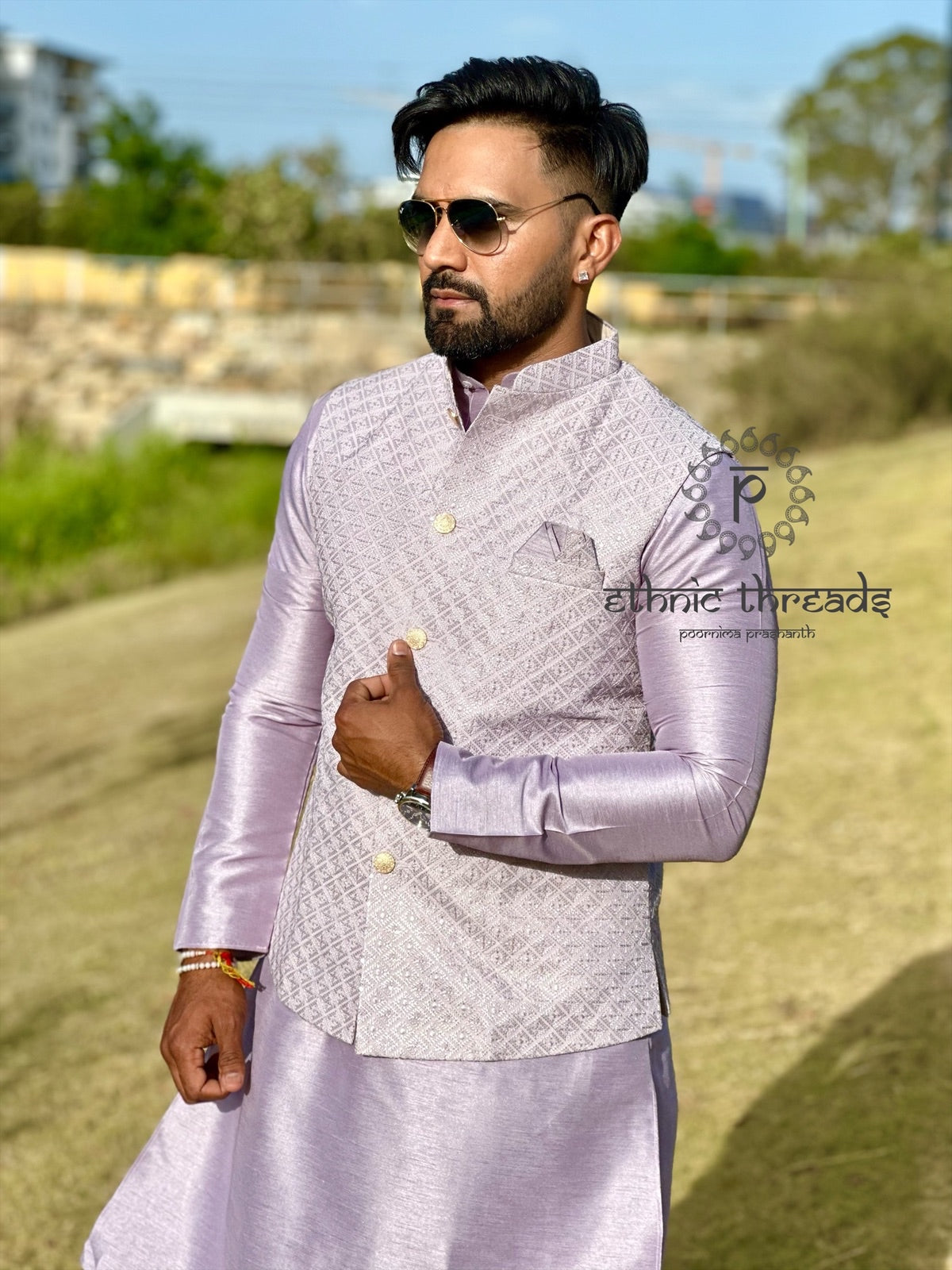 Lavender Chikankari Ethnic Nehru Jacket