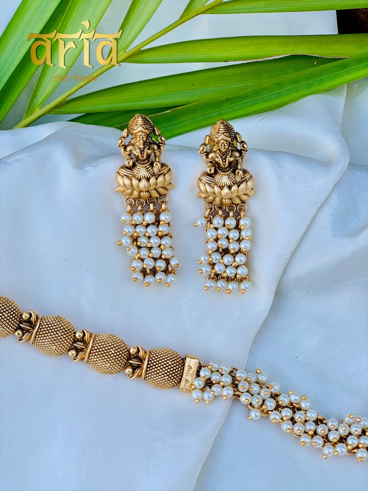 Lord Lakshmi Antique Temple Long Necklace set - Pearls