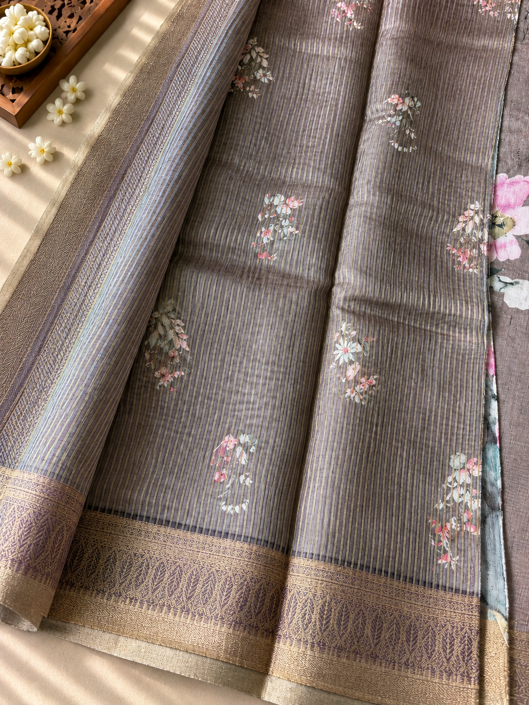 Floral Tissue Saree with Gold Border