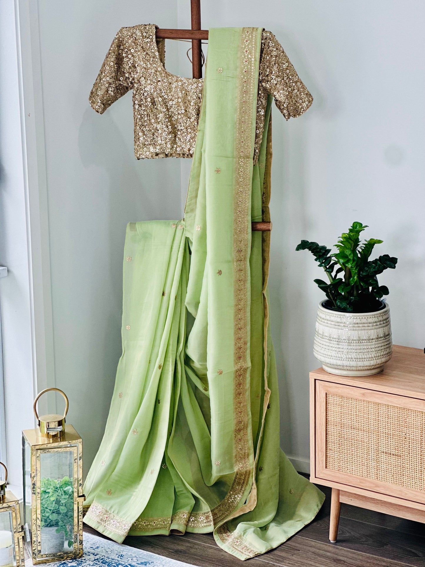 Sage Green Glossy Soft Tissue Saree And Blouse