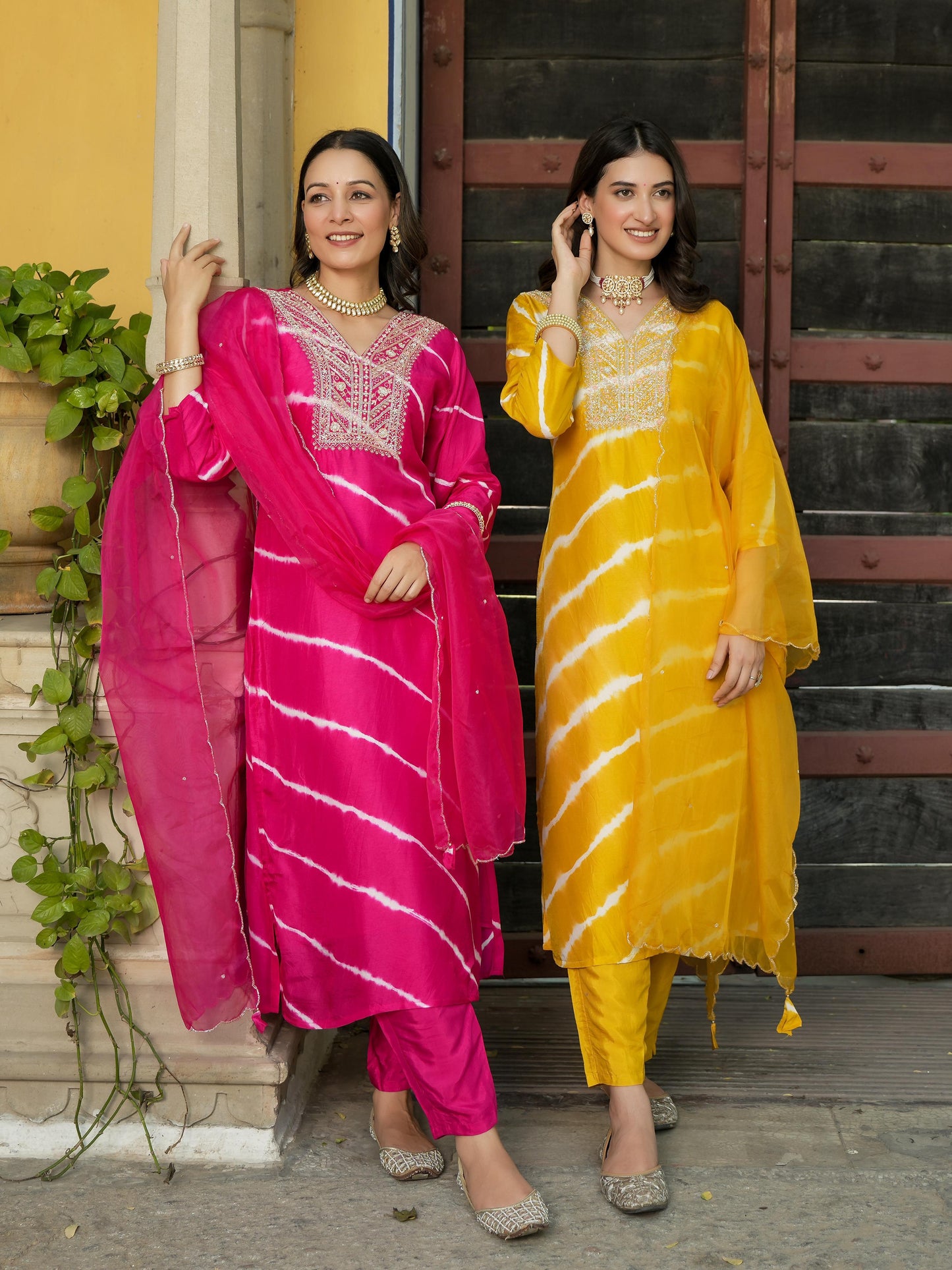 Hot Pink Shibori Silk Kurta Set with Embroidery, V-Neck, and Three-Quarter Sleeves
