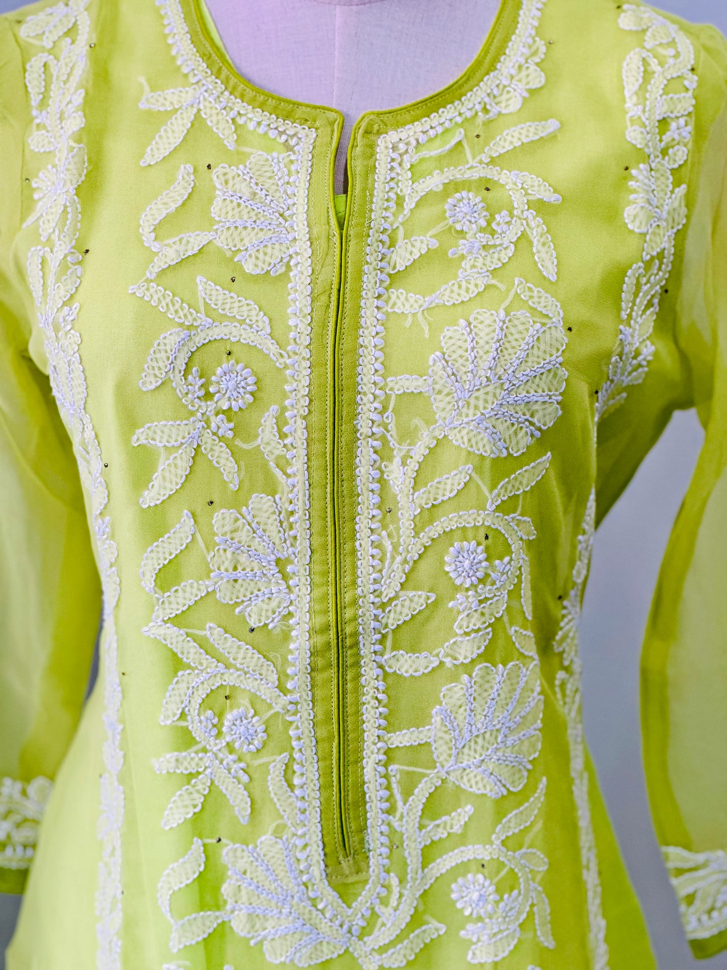 Chikankari Long Kurta In Georgette - Mint Green