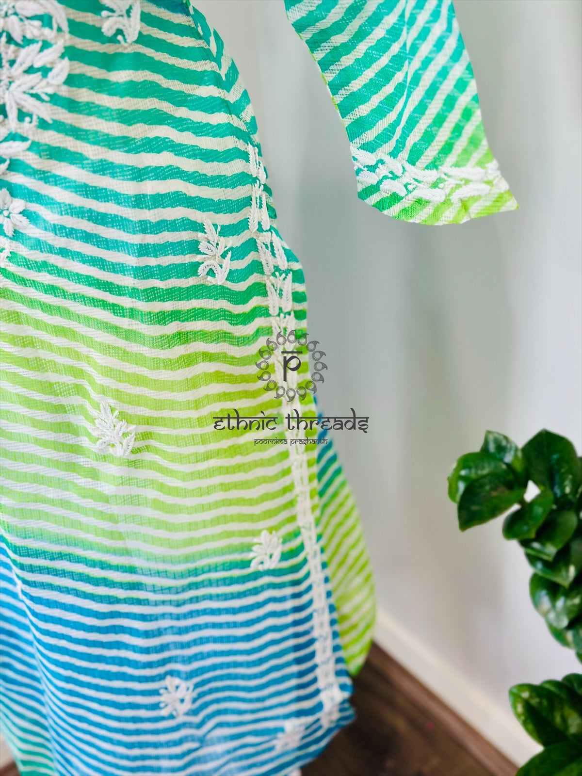 Chikankari Long Kurta In Kota - Green