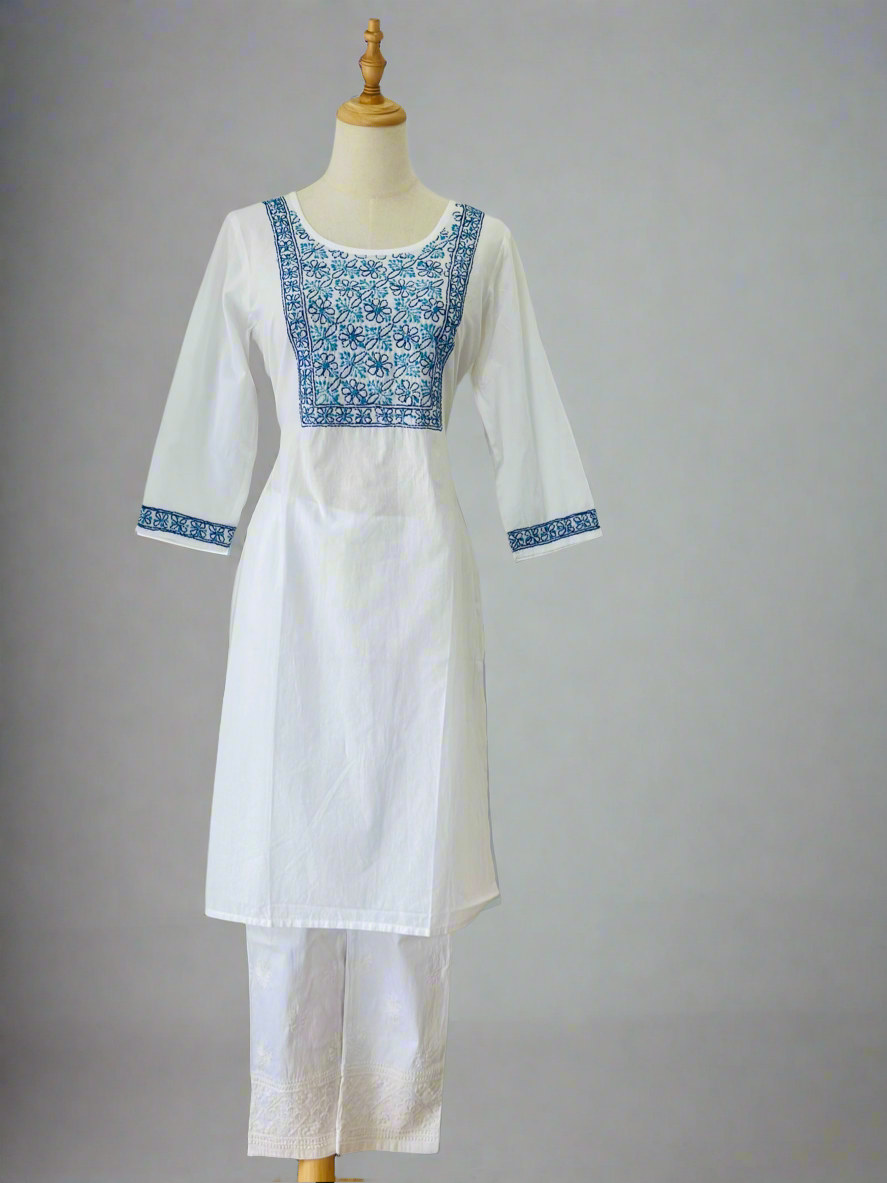 Chikankari Long Kurta In Cotton - White/ Blue