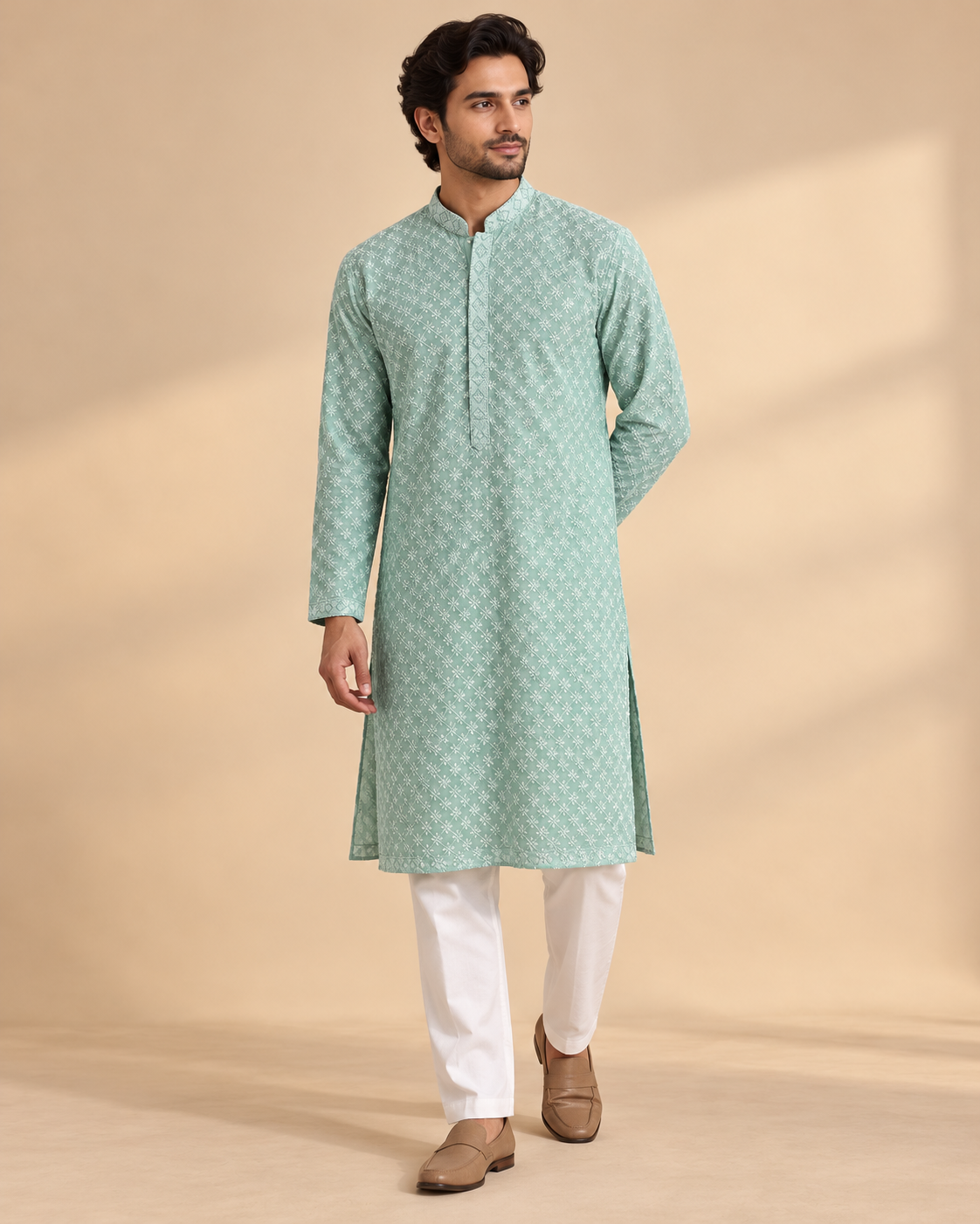 Mint Green Cotton Chikankari Kurta & Pyjama Set
