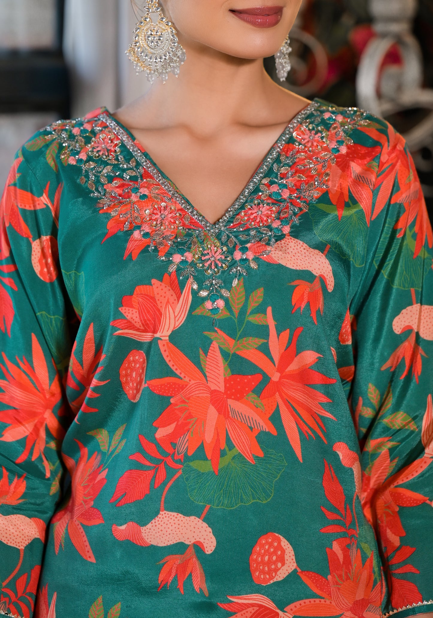Green Printed Silk Salwar Set with Zardosi , and Three-Quarter Sleeves