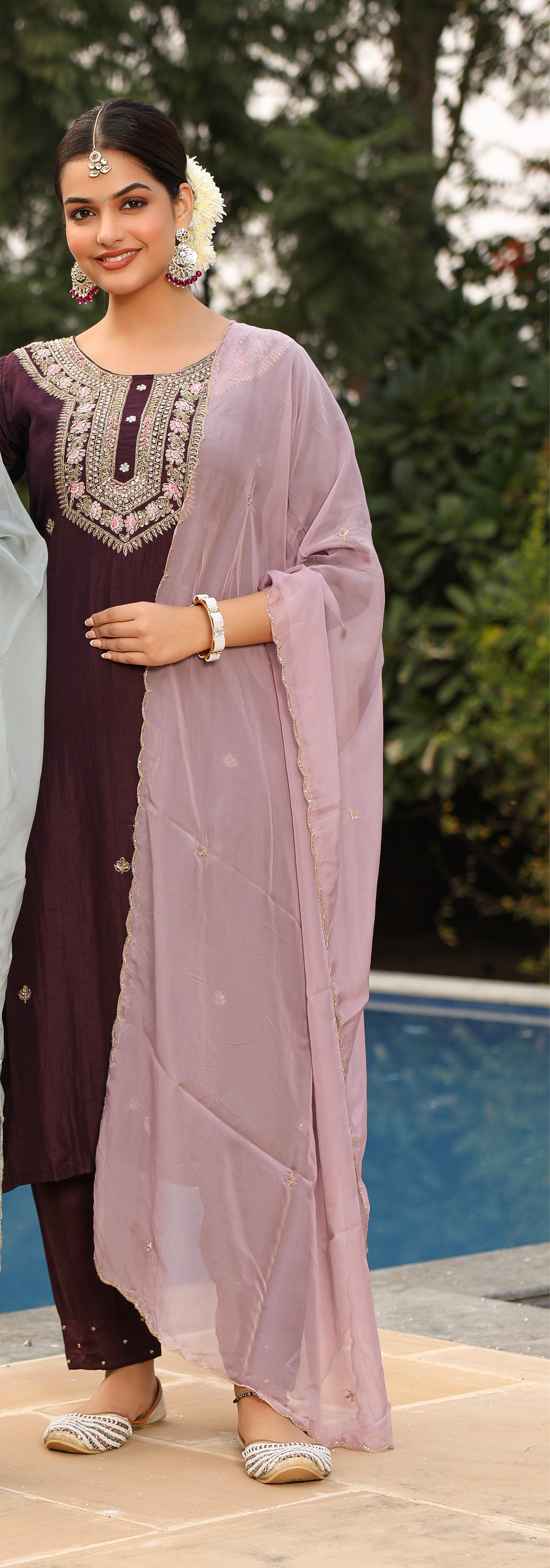 Purple Silk Salwar Set with Zardosi , and Three-Quarter Sleeves