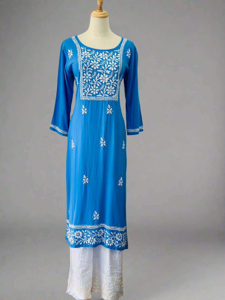 Chikankari Long Kurta In Muslin - Blue