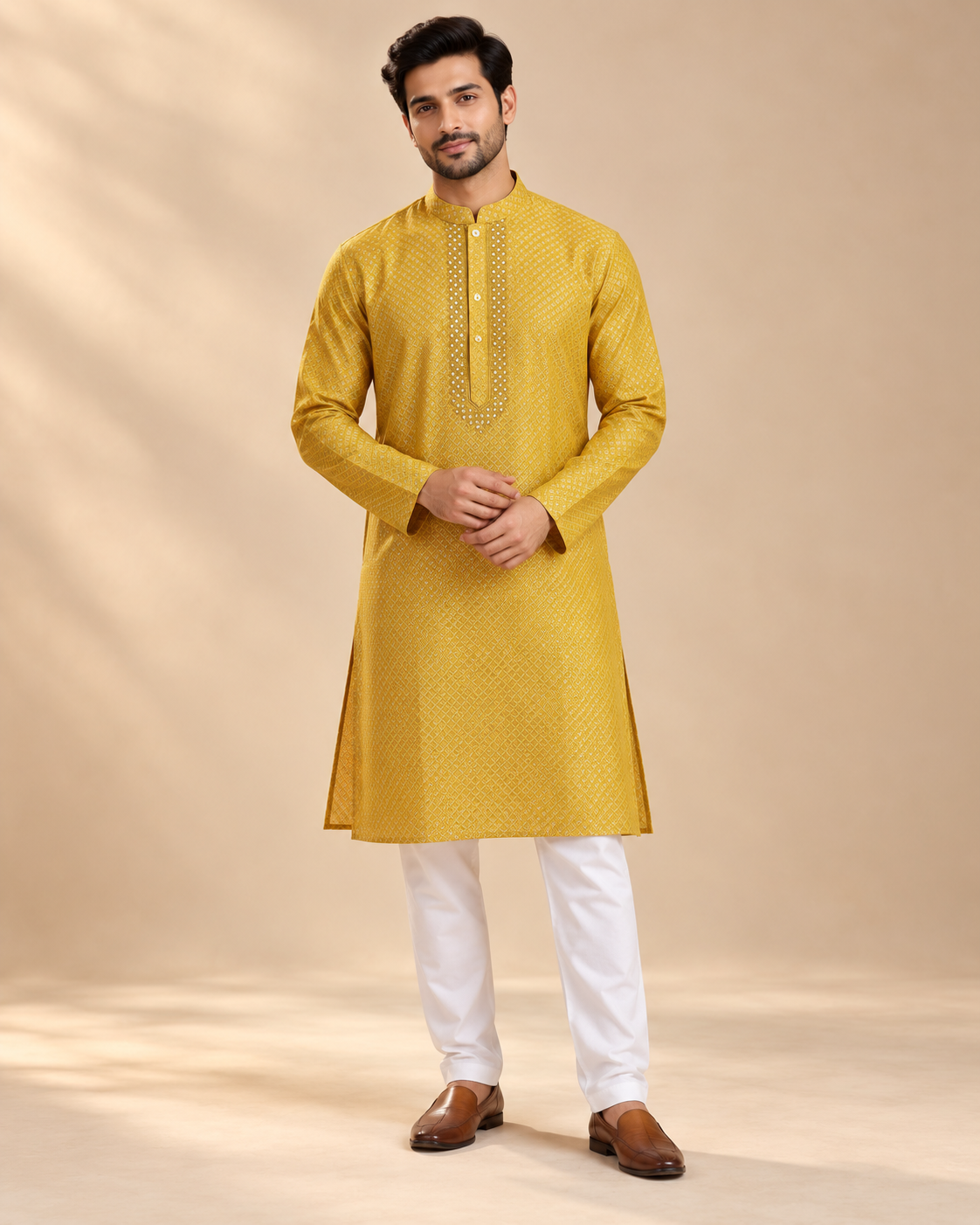 Mustard Gold Semi Banarasi Silk Men’s Kurta & Pyjama Set