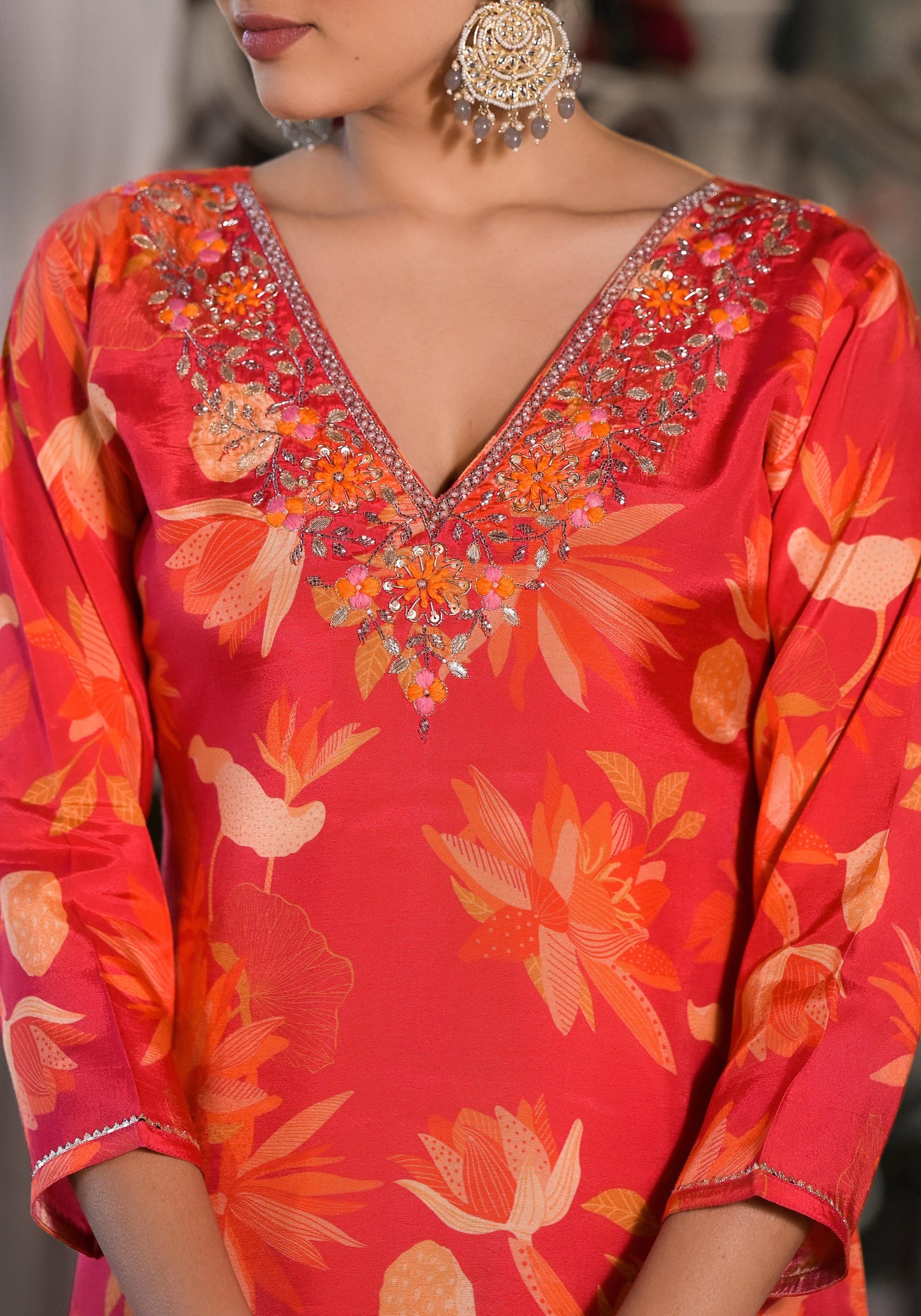 Orange Printed Silk Salwar Set with Zardosi , and Three-Quarter Sleeves