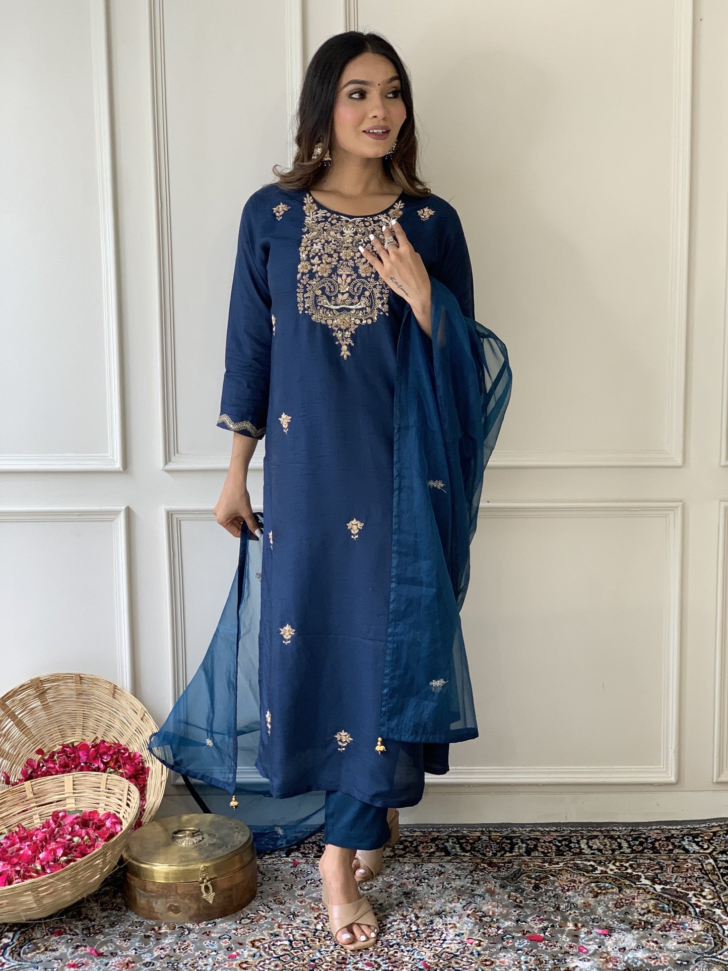 Teal Blue Silk Salwar Set with Zardosi , U-Neck, and Three-Quarter Sleeves