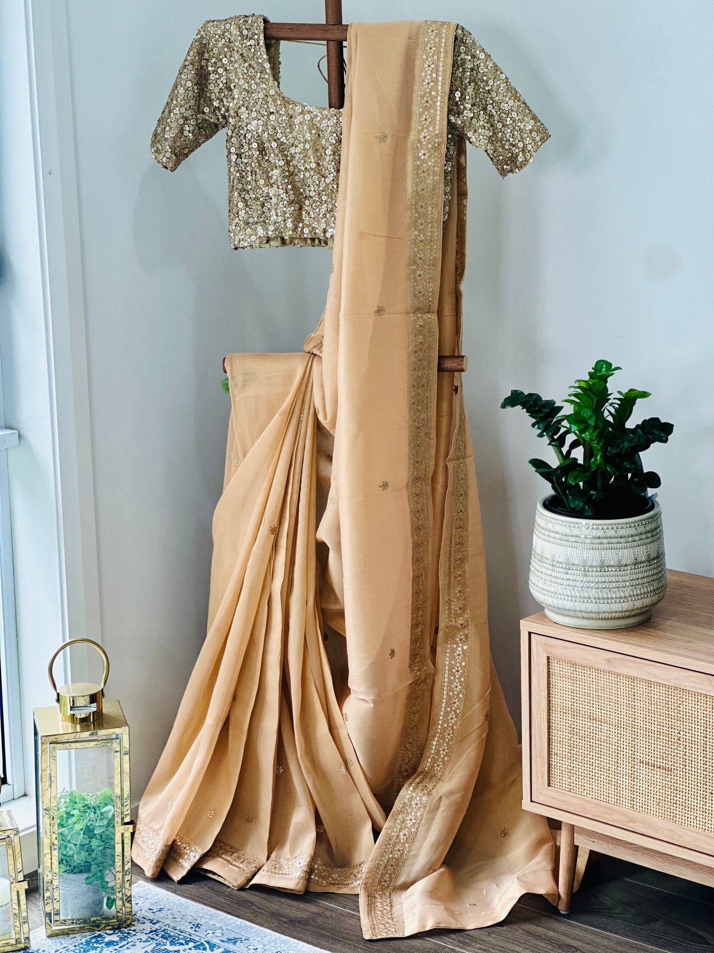 Light Peach Glossy Soft Tissue Saree And Blouse