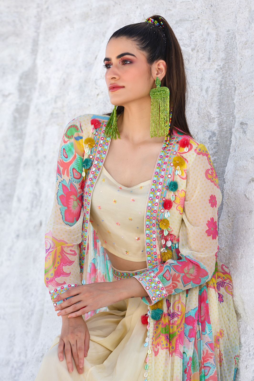 Cream Crop top with Skirt & Floral Shrug