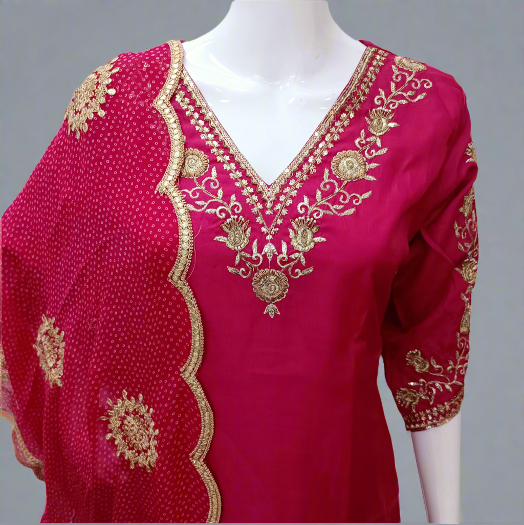 Magenta Gharara Set with Zardosi with Three-Quarter Sleeves