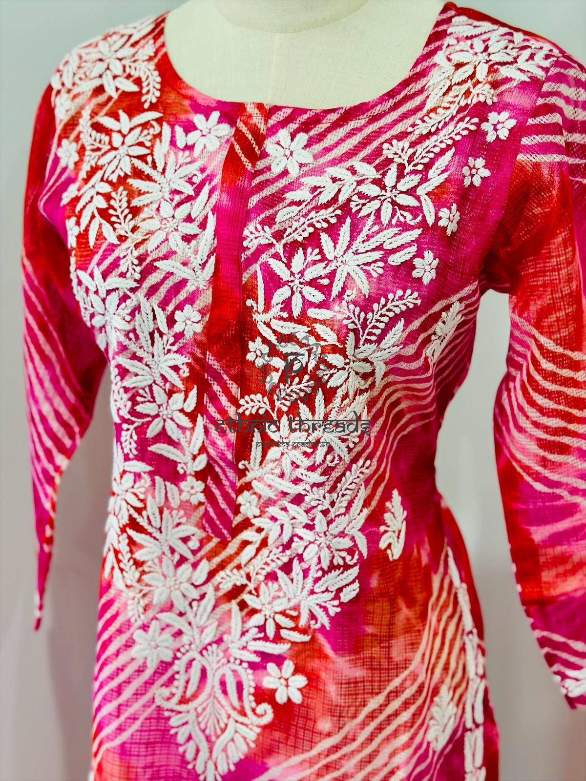 Chikankari Long Kurta In Kota - Magenta