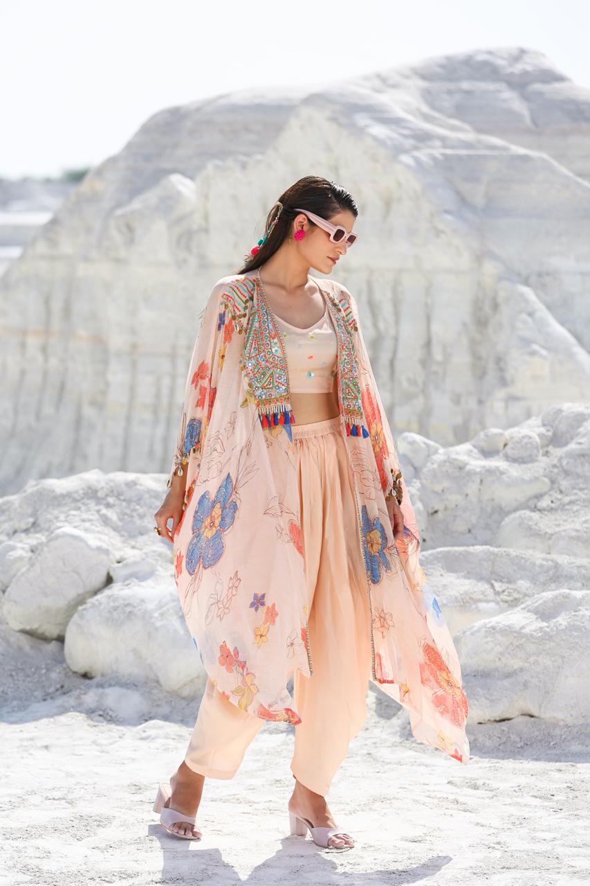 Cream Crop top with Dhothi Pants & Floral Shrug